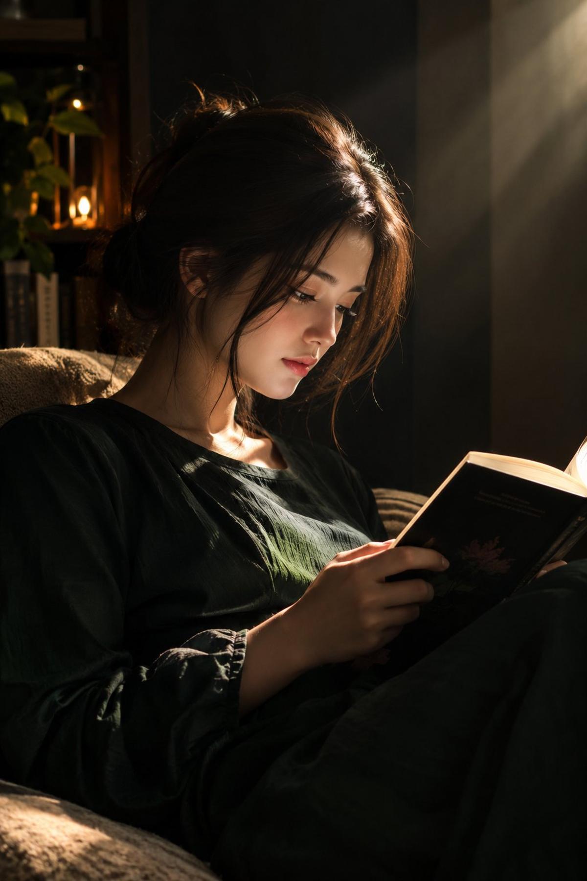 Golden Sunlight on a Woman Reading in a Cozy Room