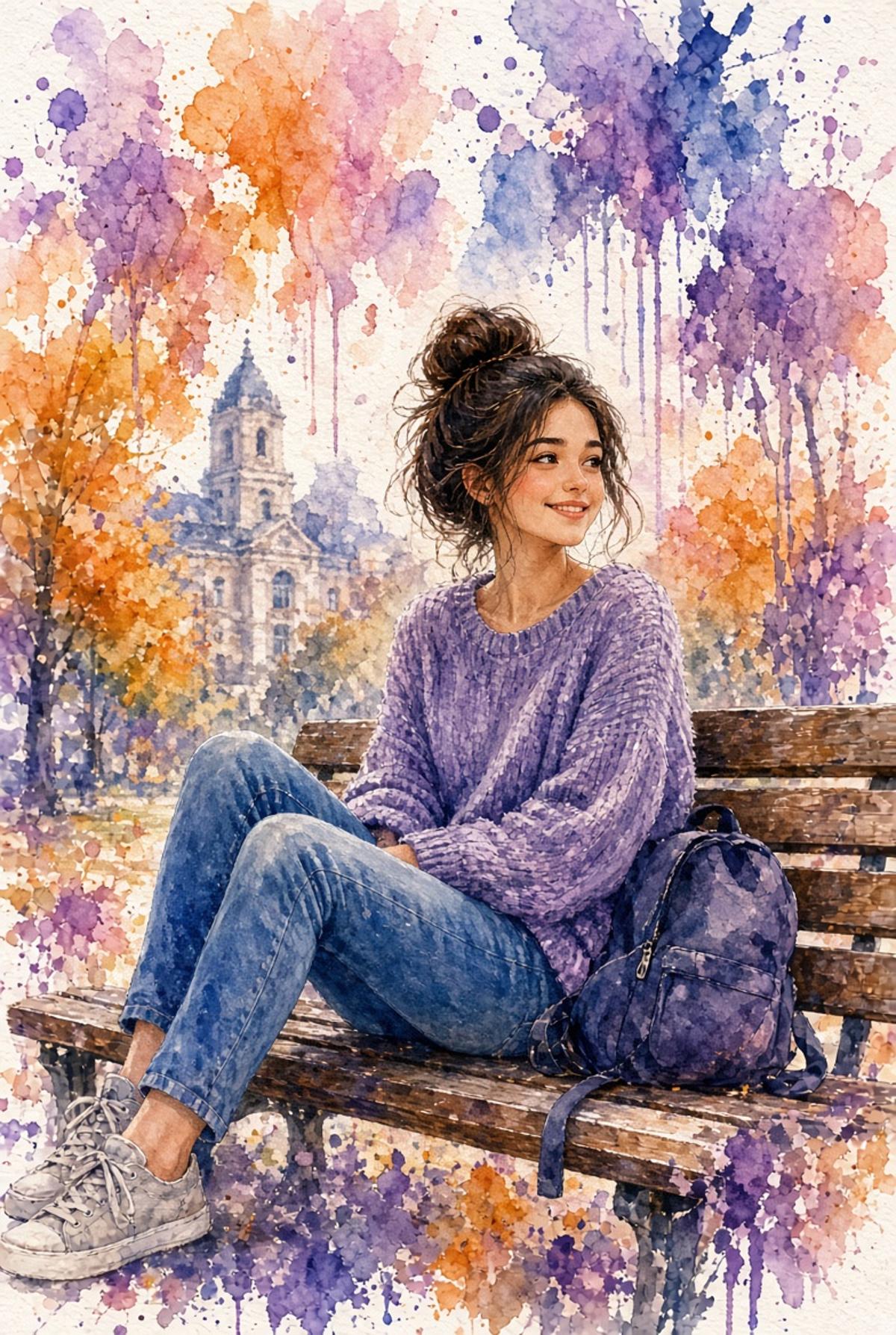 Purple sweater and autumn foliage watercolor portrait