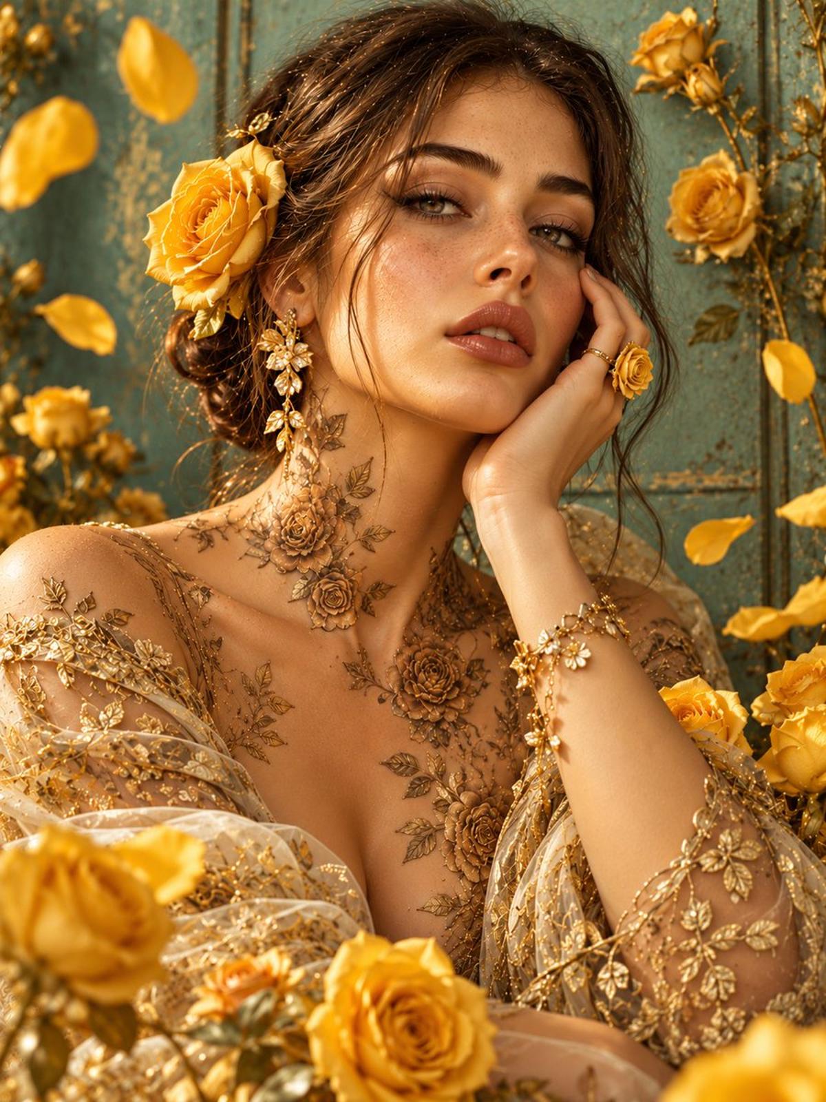 Golden rose portrait with antique-gold embroidery and a teal backdrop