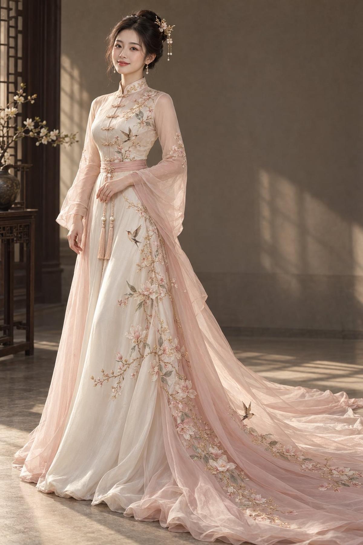 Champagne Satin and Blush Organza New Chinese Couture Portrait