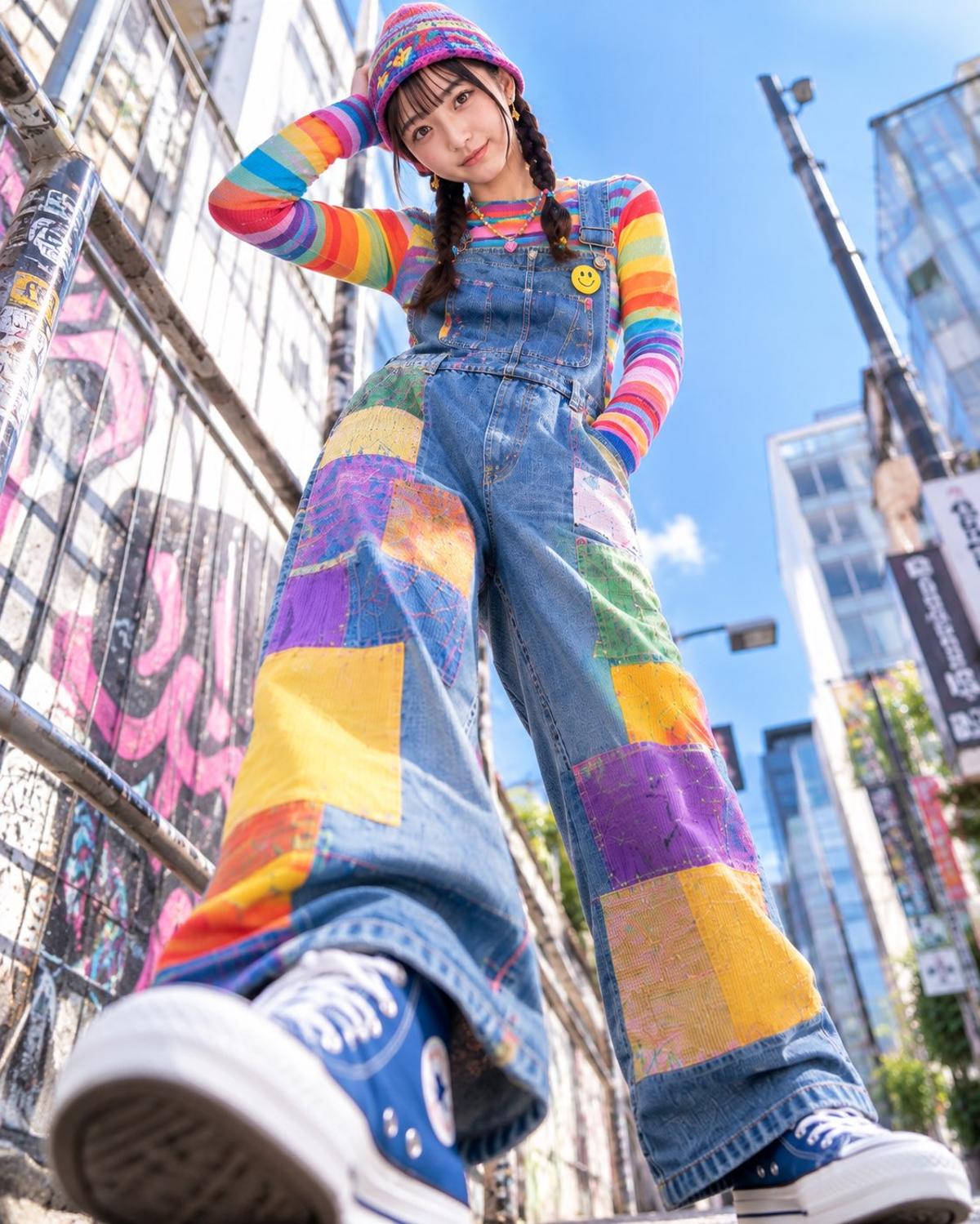 Colorful Y2K Patchwork Overalls from an Extreme Low Angle