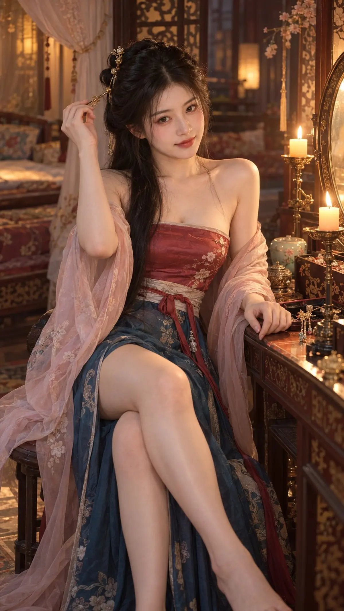 Removing a Gold Hairpin by Candlelight in a Southern Tang Boudoir