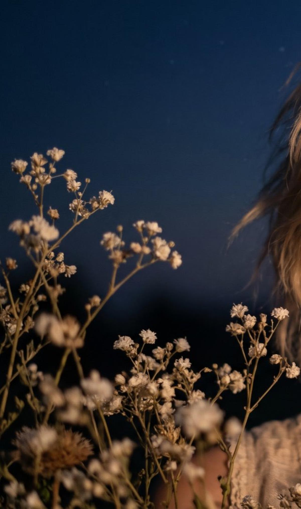 Moonlit Blonde Portrait with Dried White Wildflowers