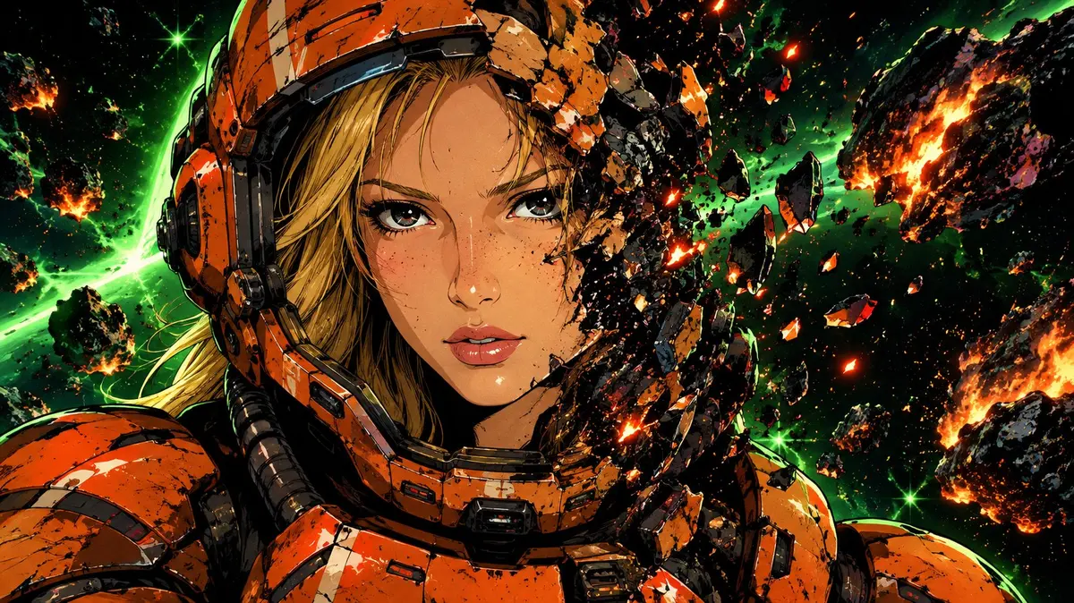 Retro Sci-Fi Combat Pilot Disintegrating Among Burning Asteroids
