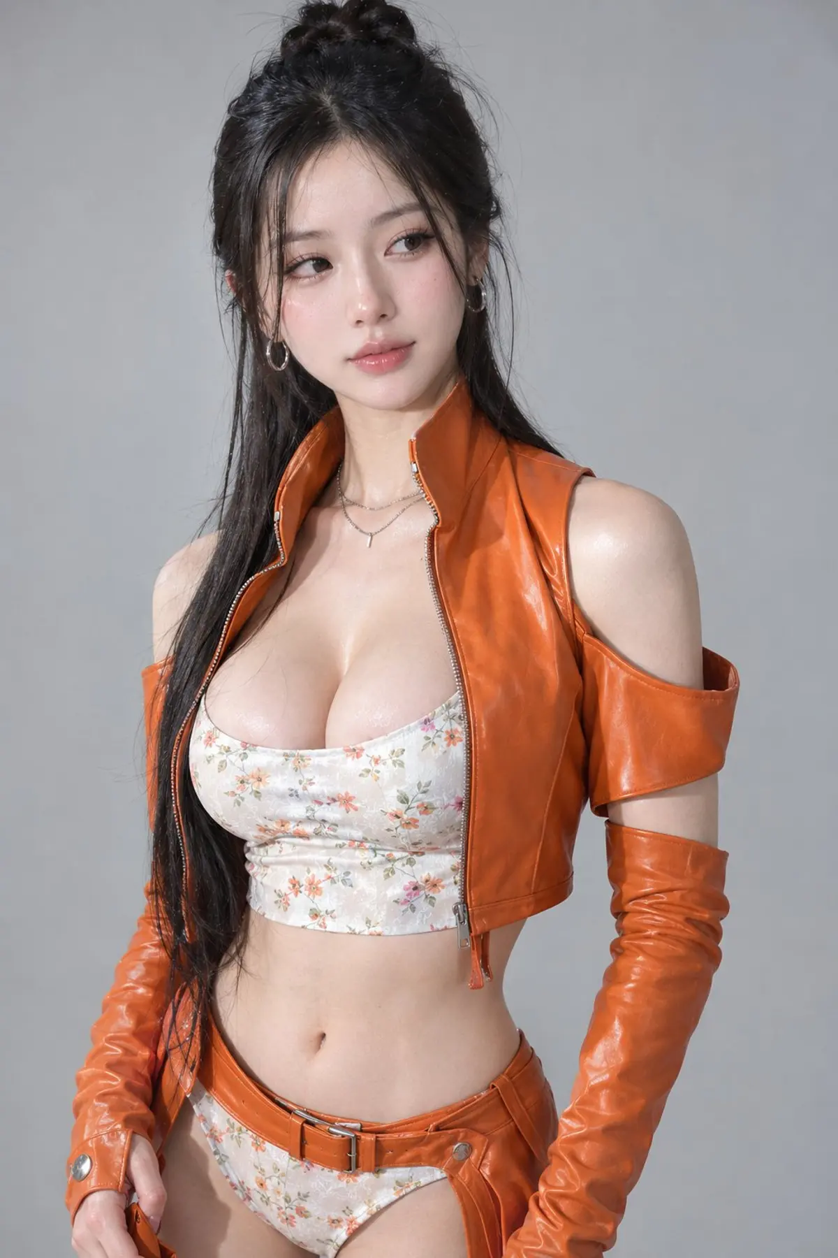 Orange Leather and Floral Studio Fashion Portrait