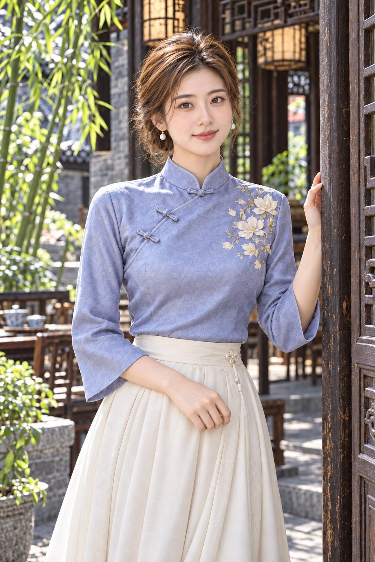Lavender-blue silk portrait at a Chinese tea courtyard