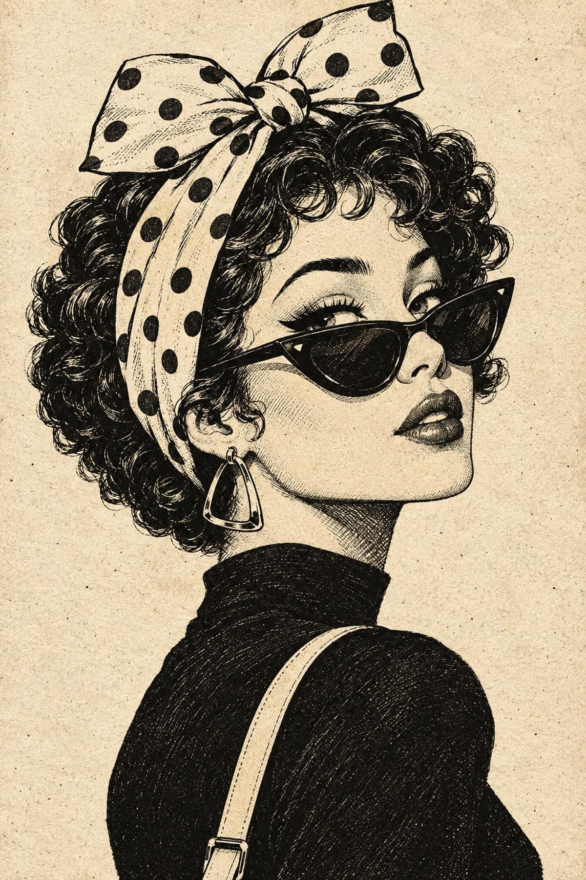 Vintage black-ink fashion portrait with polka-dot headscarf