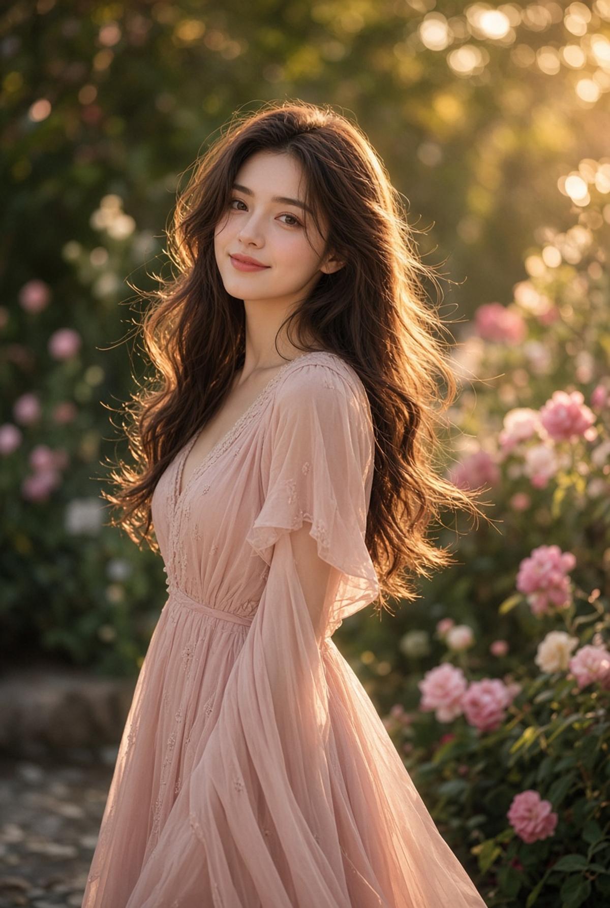 Golden-hour portrait in a pink rose garden