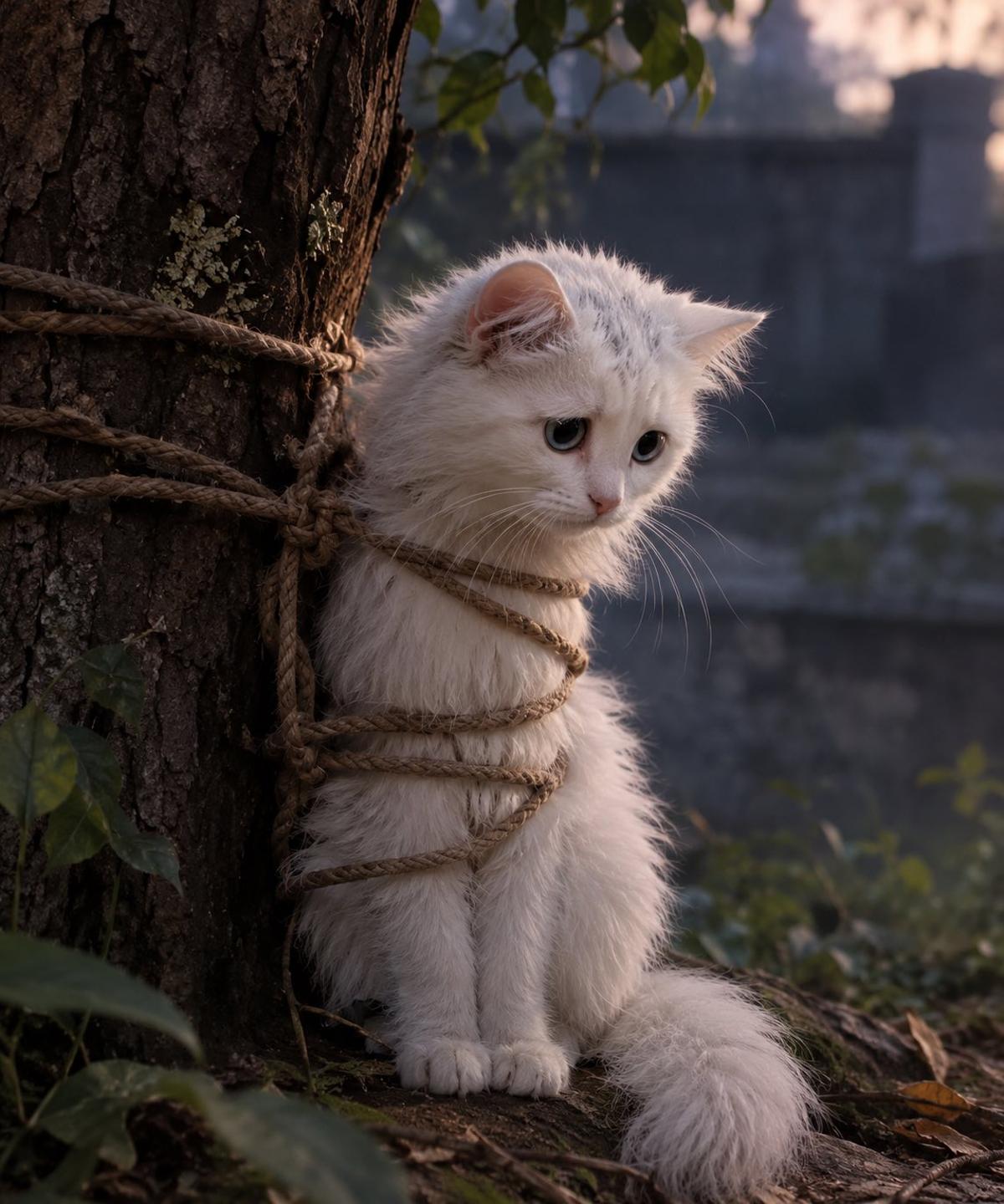 Frightened White Cat Tied to a Tree at Dusk