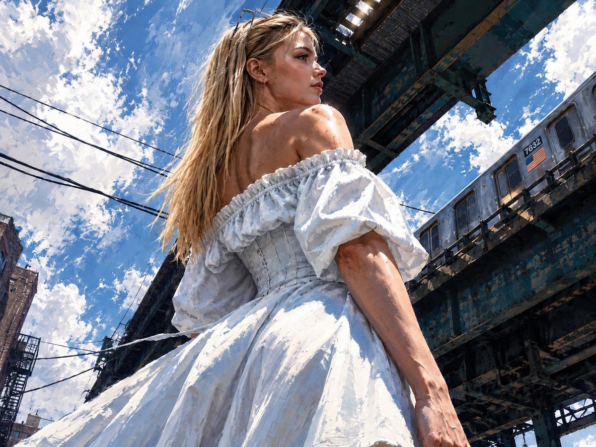 Low-angle painterly portrait beneath a New York elevated train