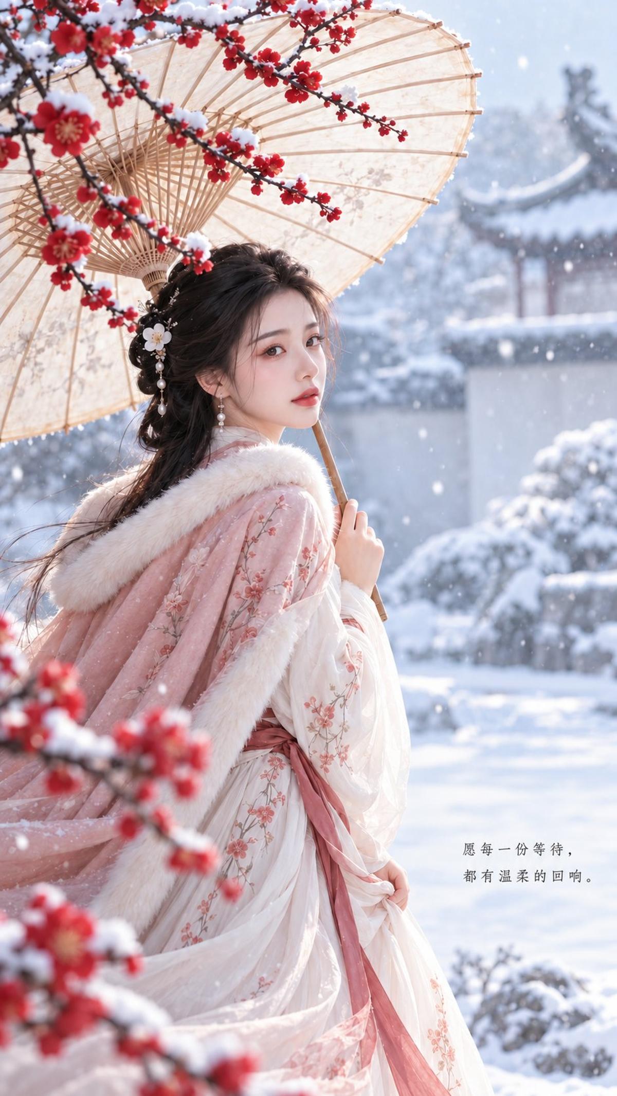 Winter Hanfu Portrait Beneath a White Oil-Paper Umbrella