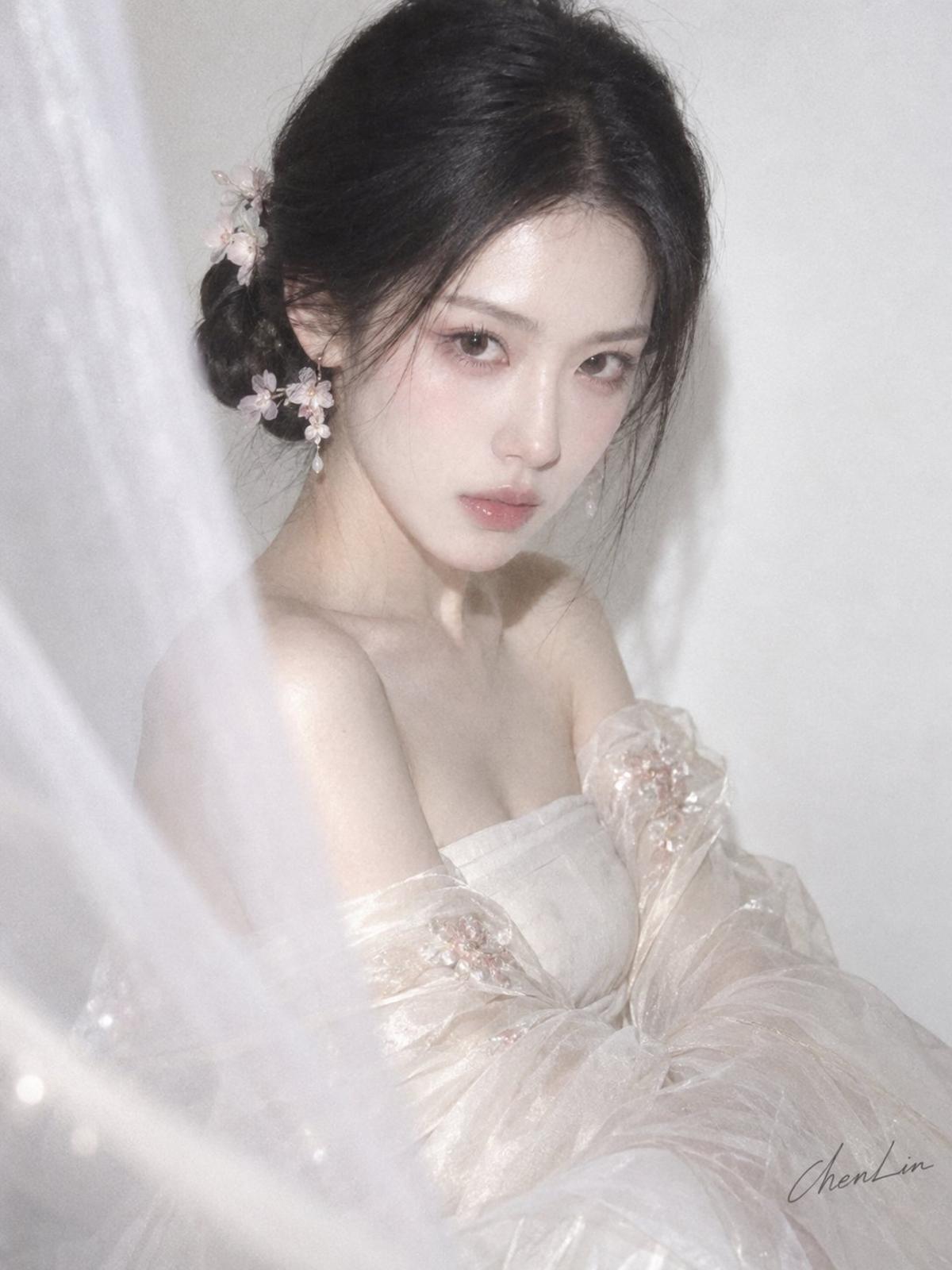 Soft-flash gauze portraits with floral low buns