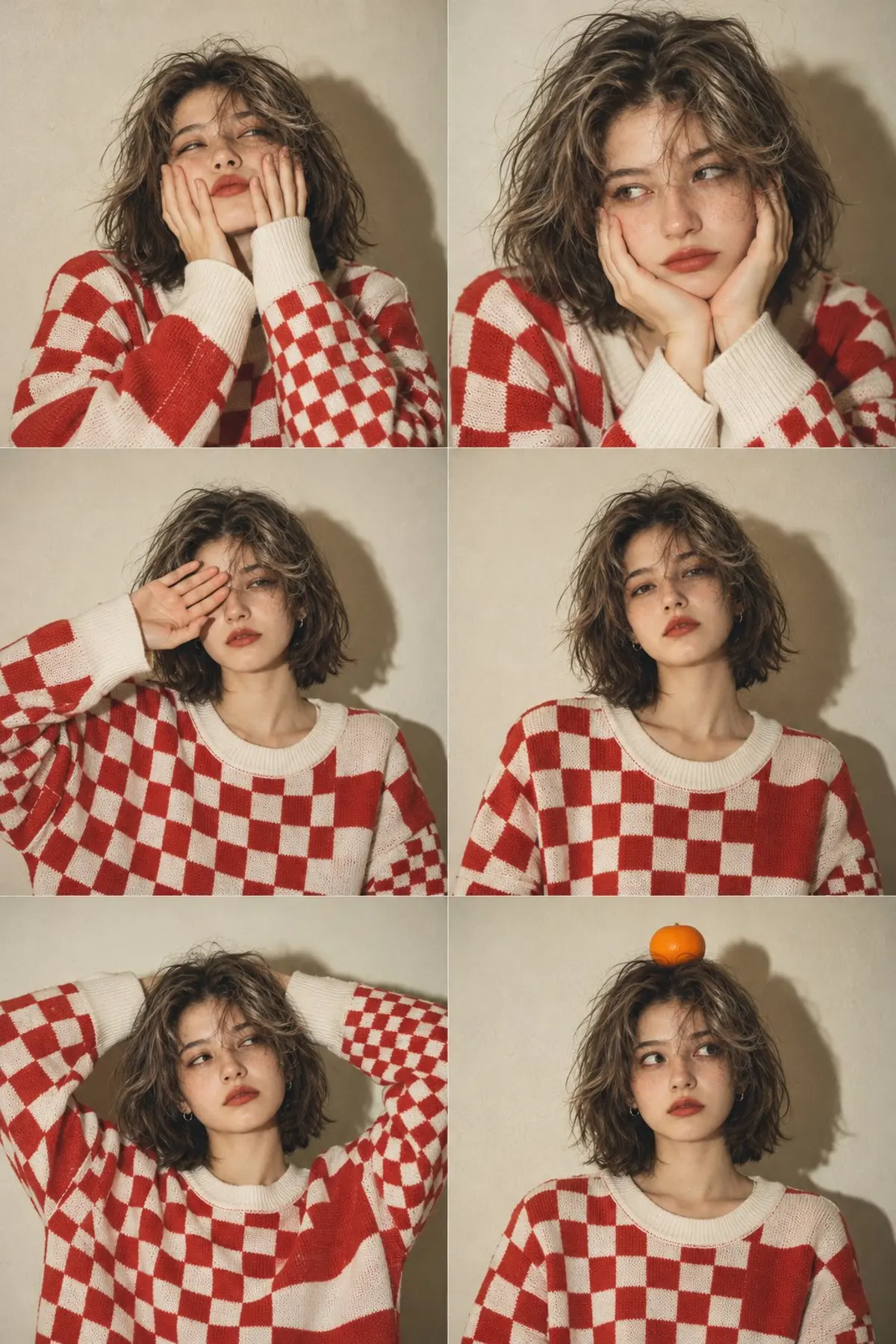 Vintage red-and-white checkerboard sweater six-panel portrait collage