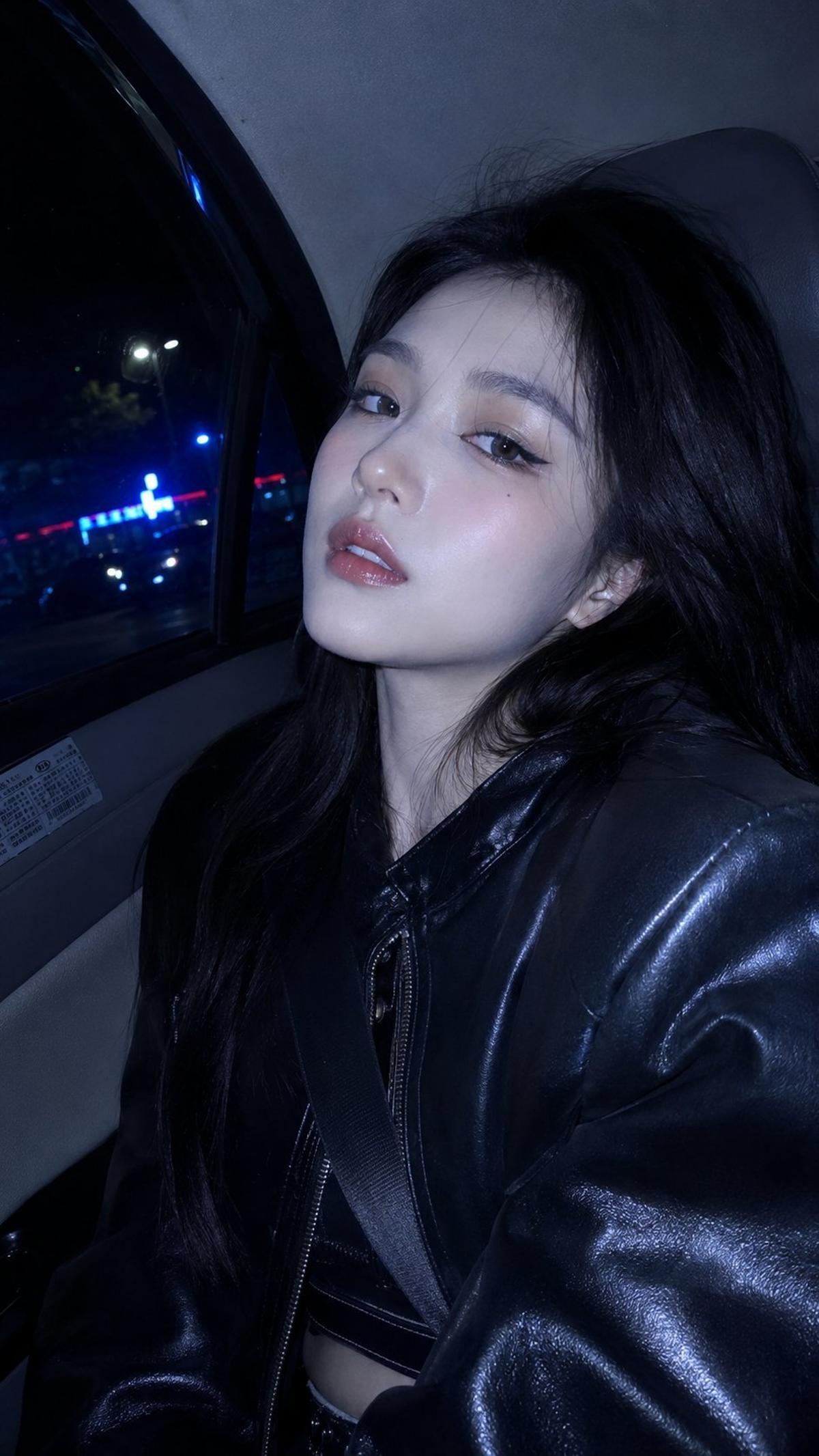 Cool-blue direct-flash portrait in a car at night