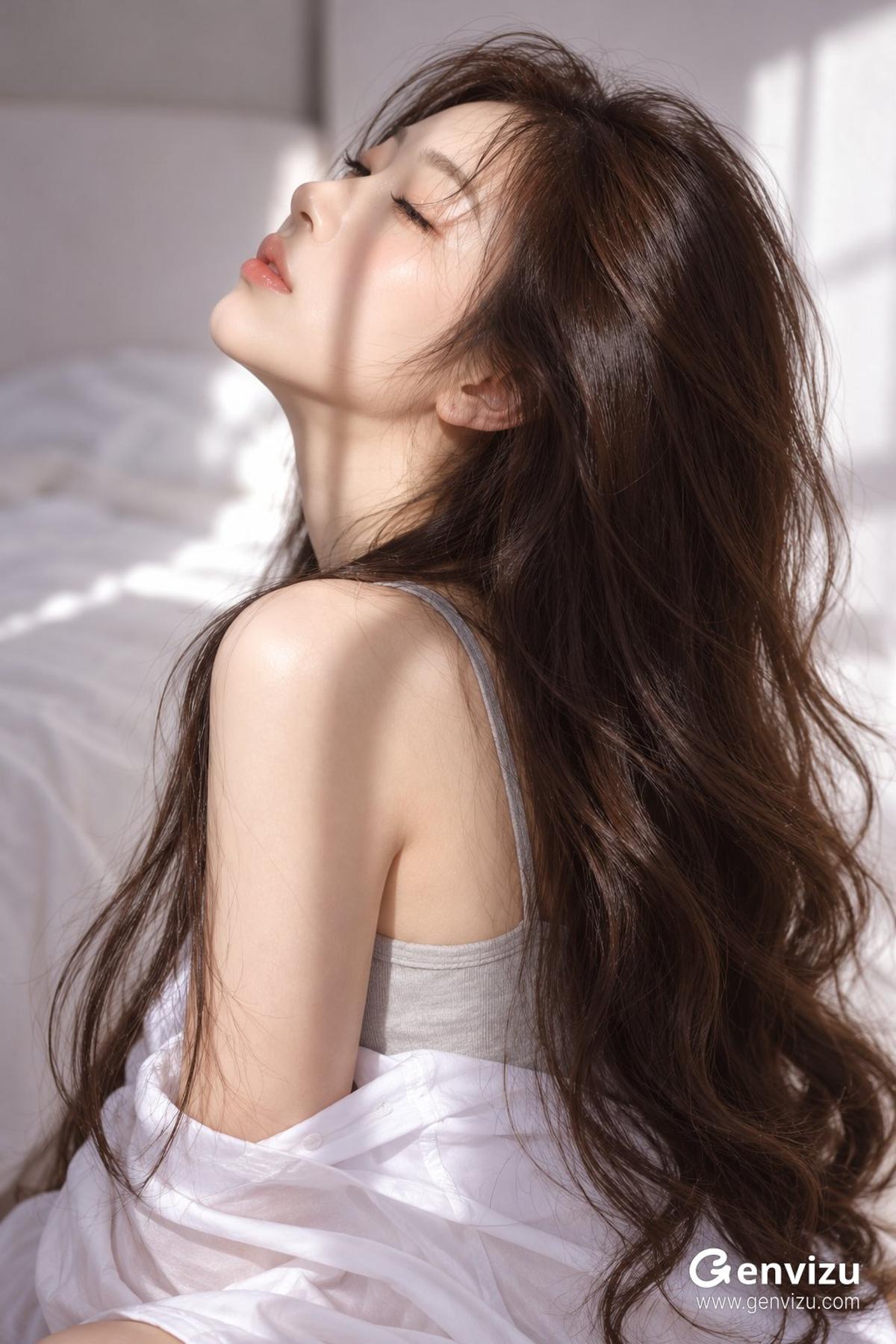 Sunlit Side-Profile Portrait with Long Chestnut Hair