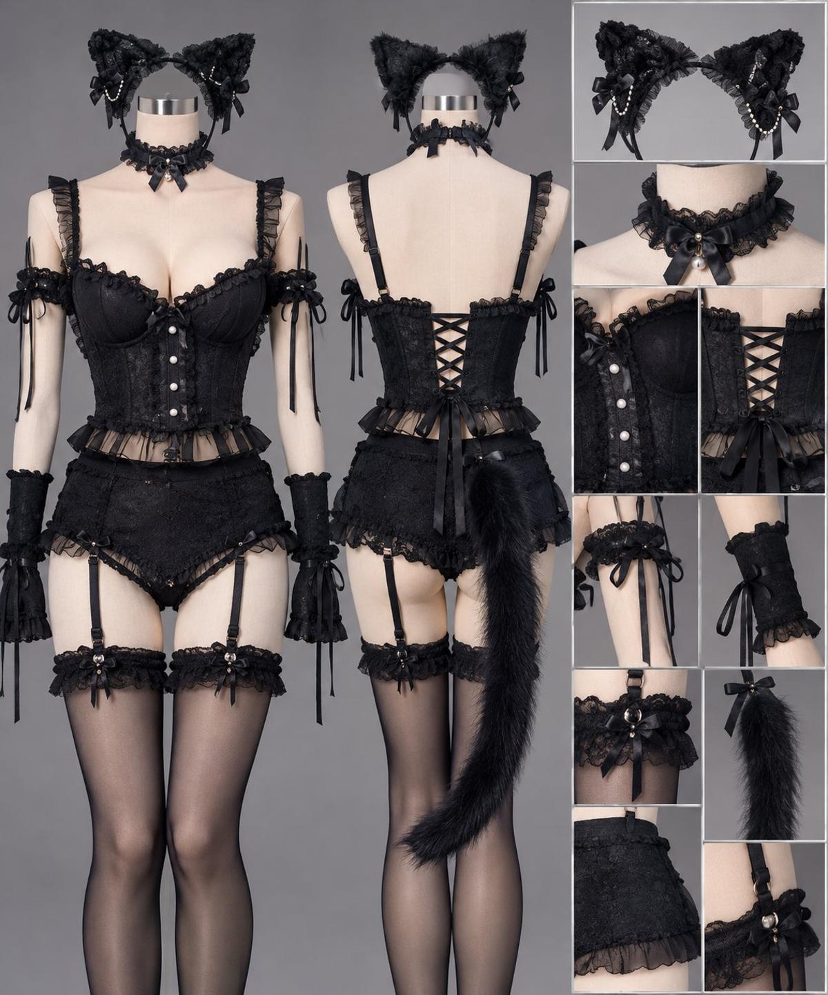 Black gothic catgirl lace outfit design collage