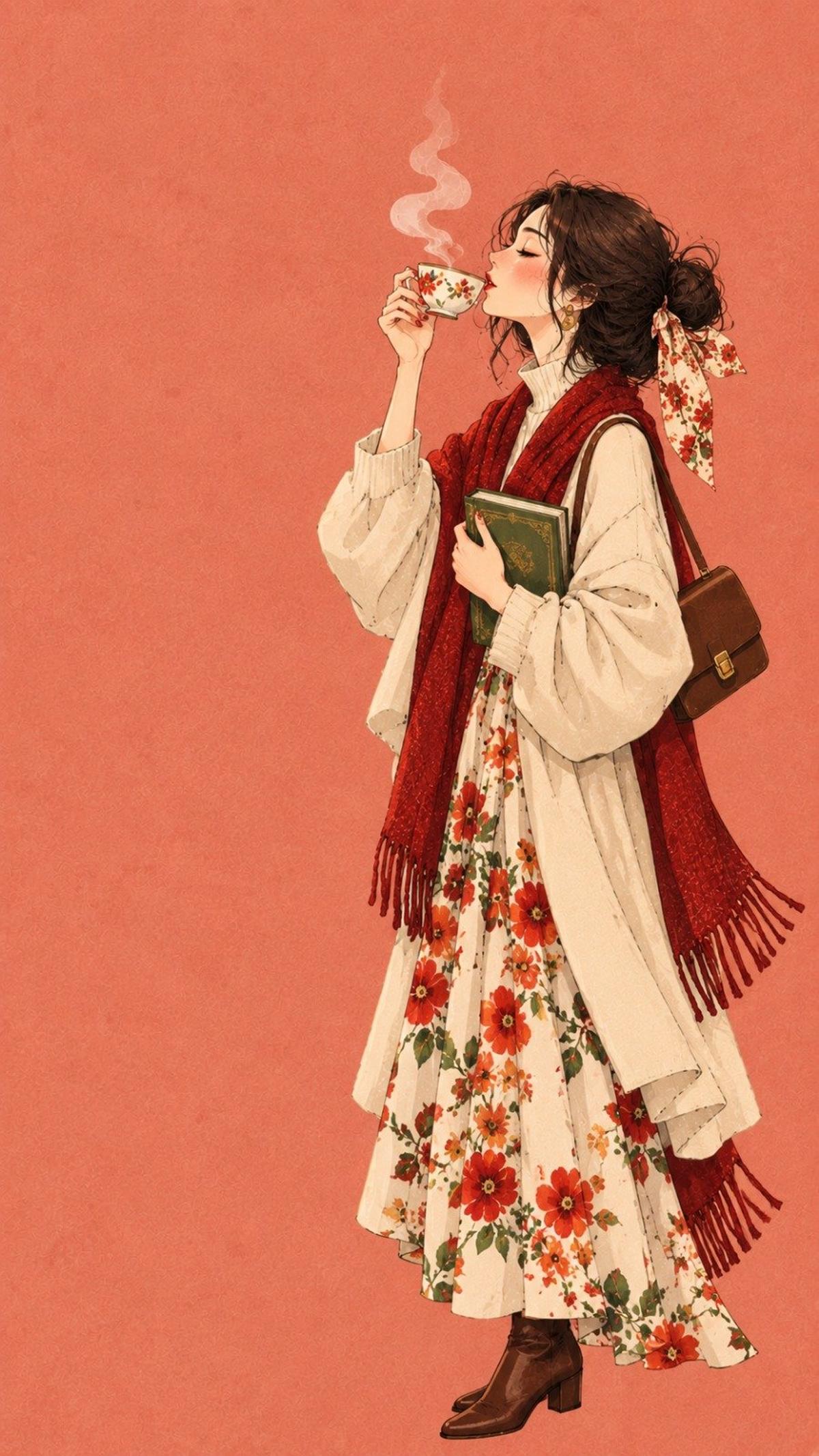 Vintage fashion illustration of a woman enjoying tea
