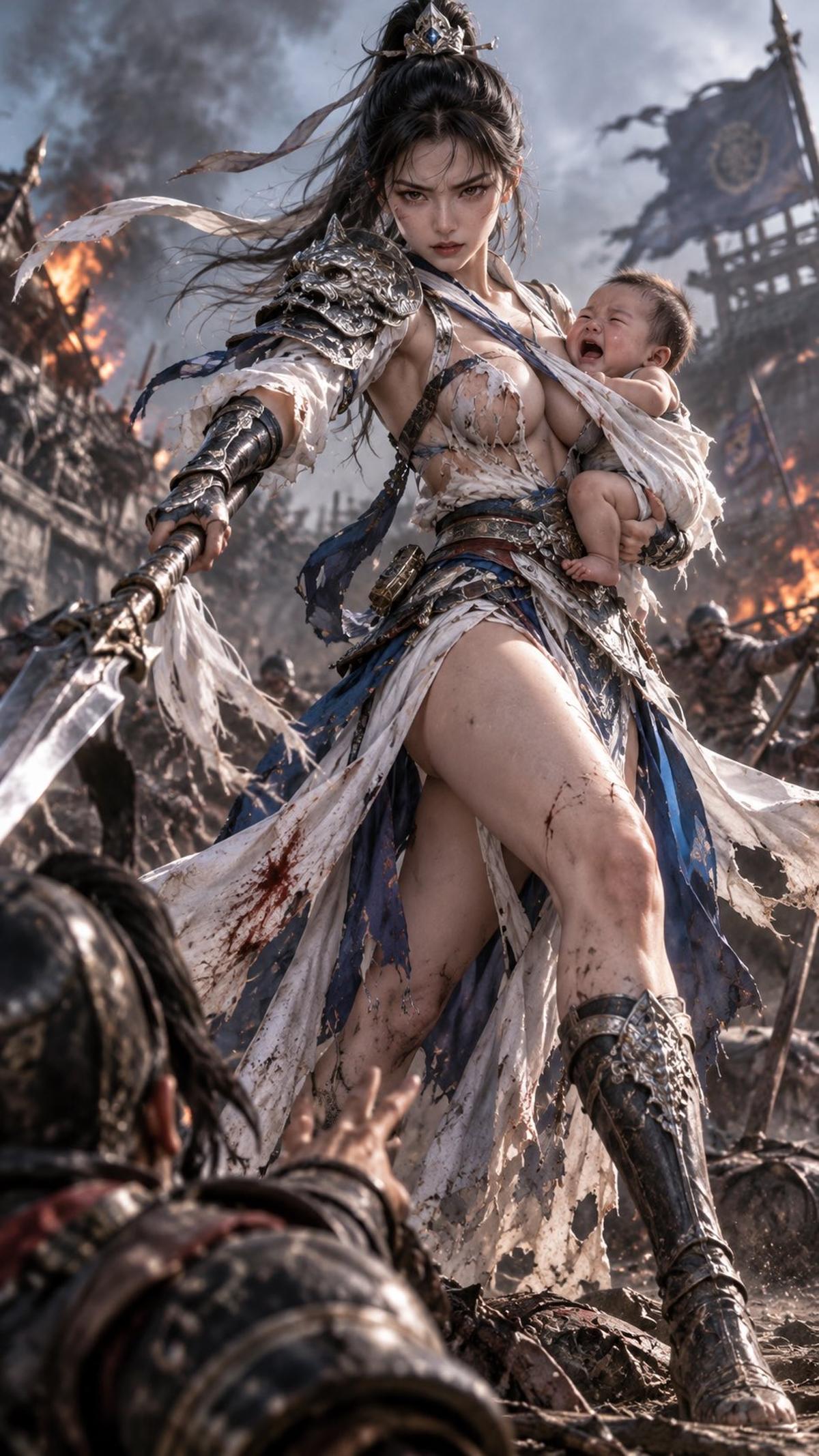 Female Zhao Yun Carrying Baby Adou into Battle