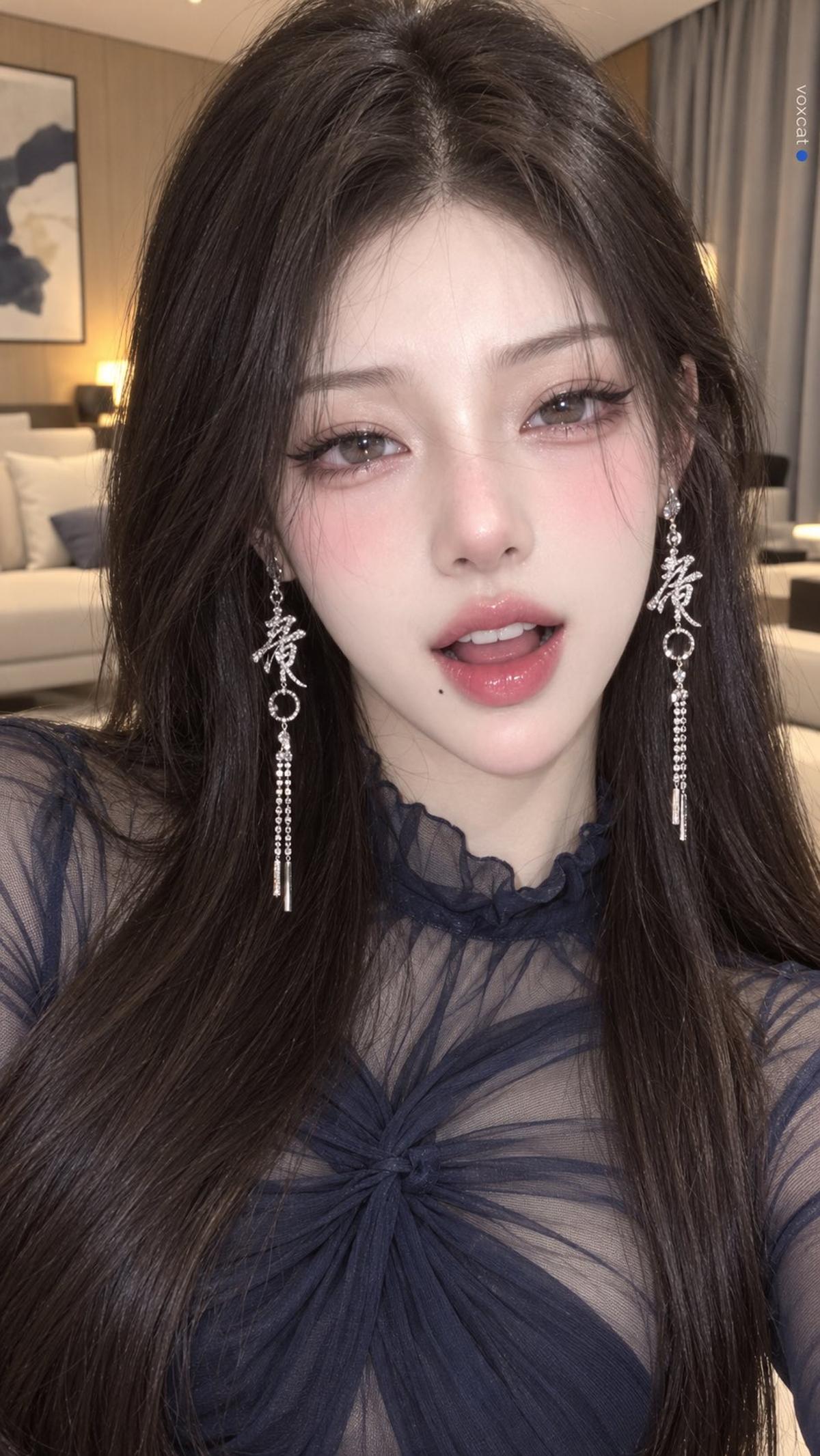 Game-character CG face in a real hotel selfie