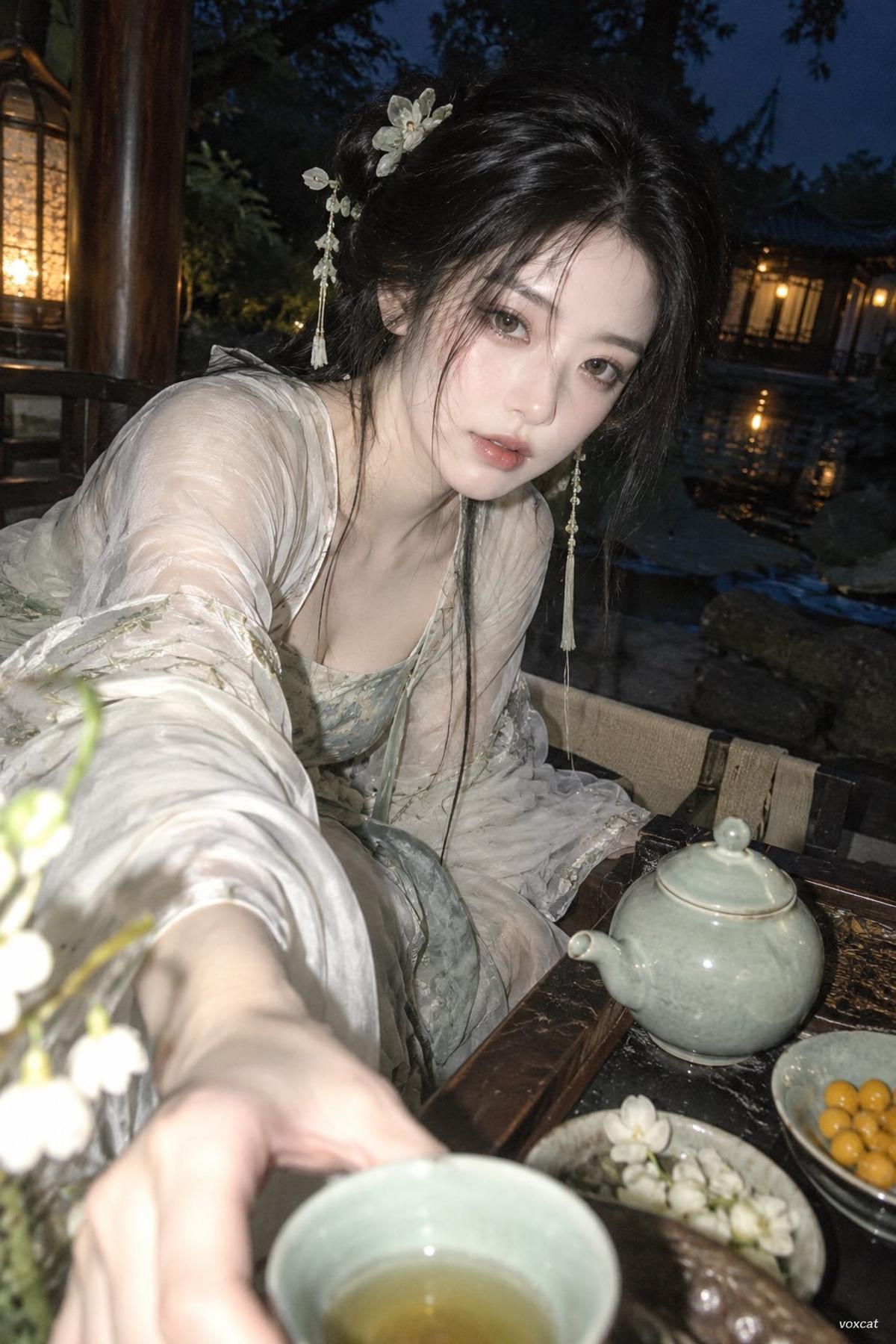 Nighttime direct-flash character portrait at a Song-style tea table