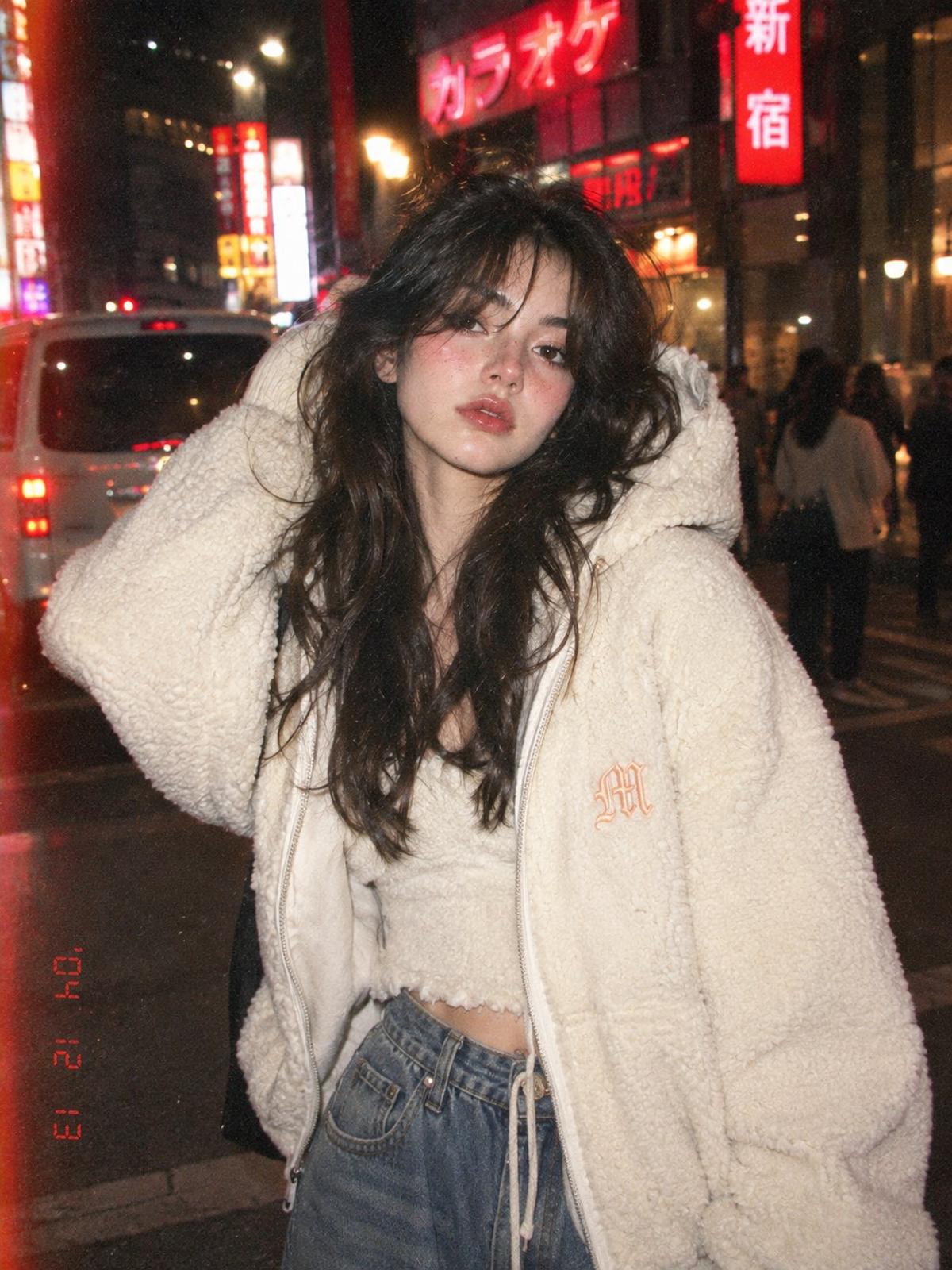 Y2K Tokyo Night Flash Portrait in Cream Fleece