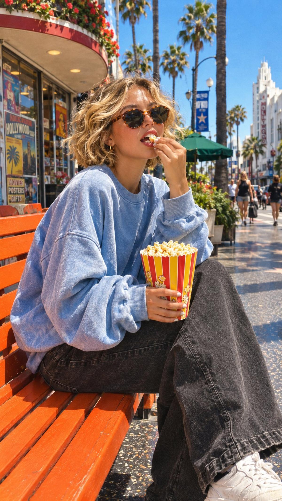 Sunlit California Popcorn Break on an Orange Bench