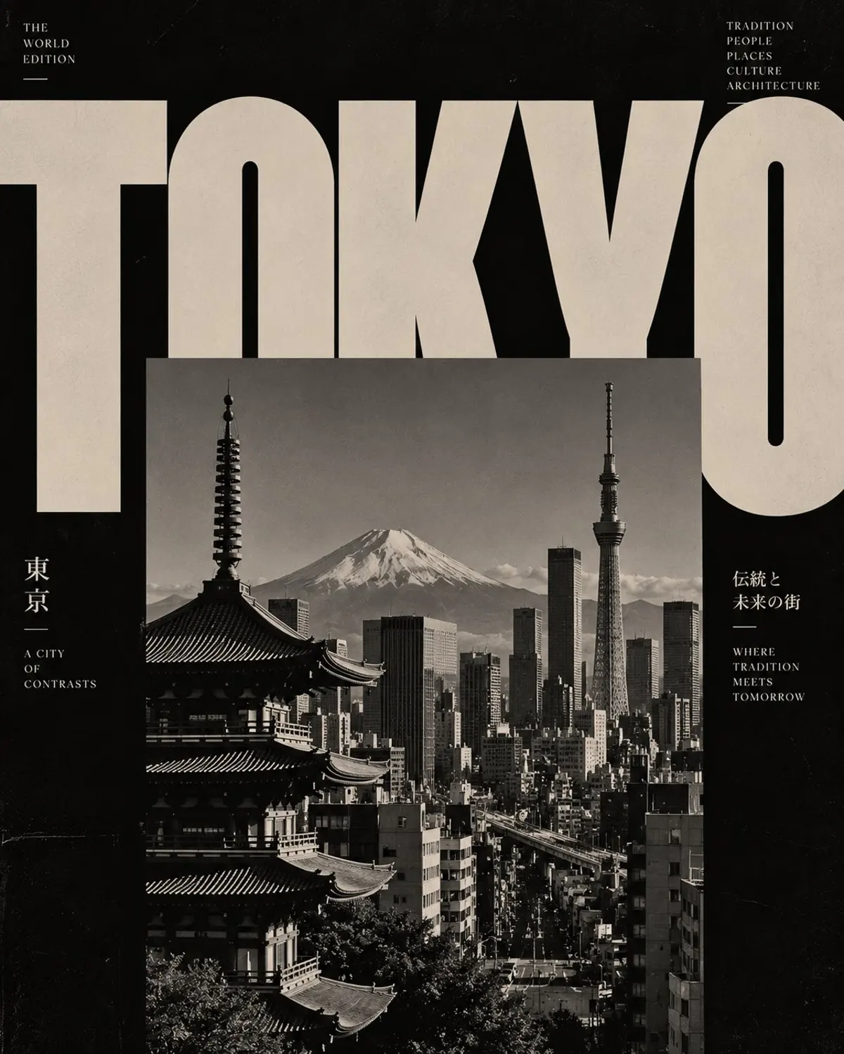 Oversized typography and monochrome architectural editorial posters