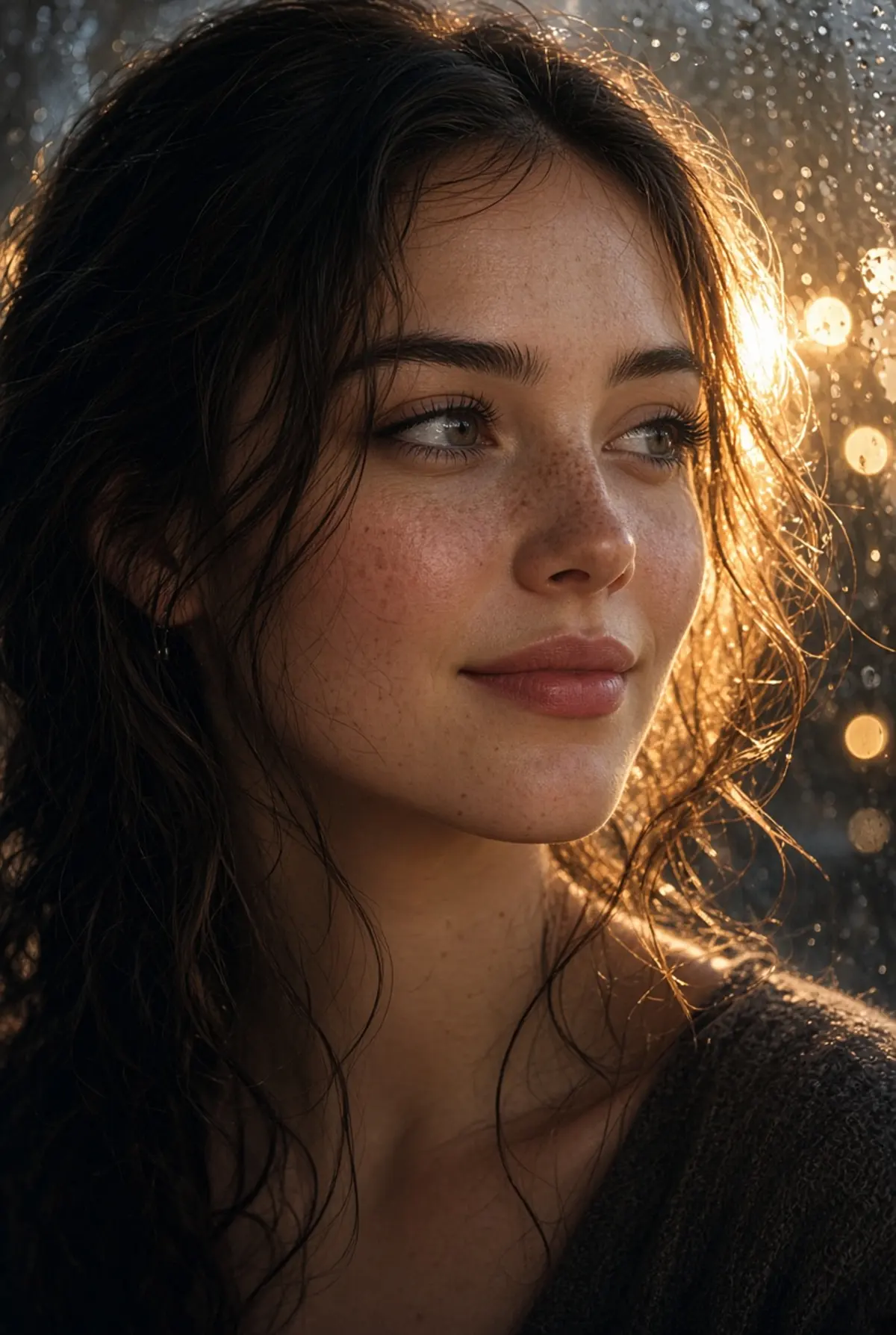 Golden Backlit Portrait by a Rain-Streaked Window