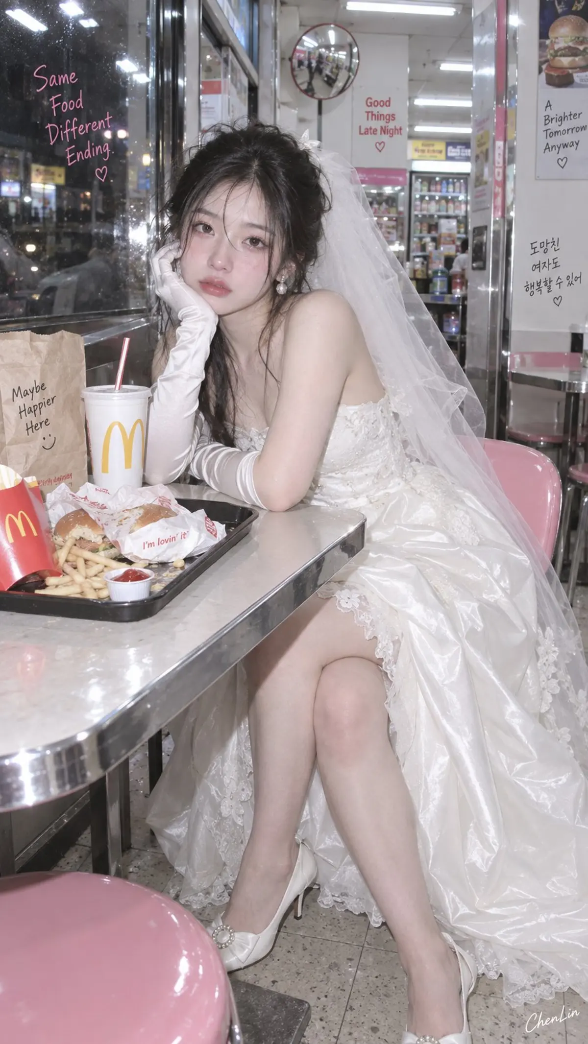 Runaway Bride at a Late-Night Fast-Food Table