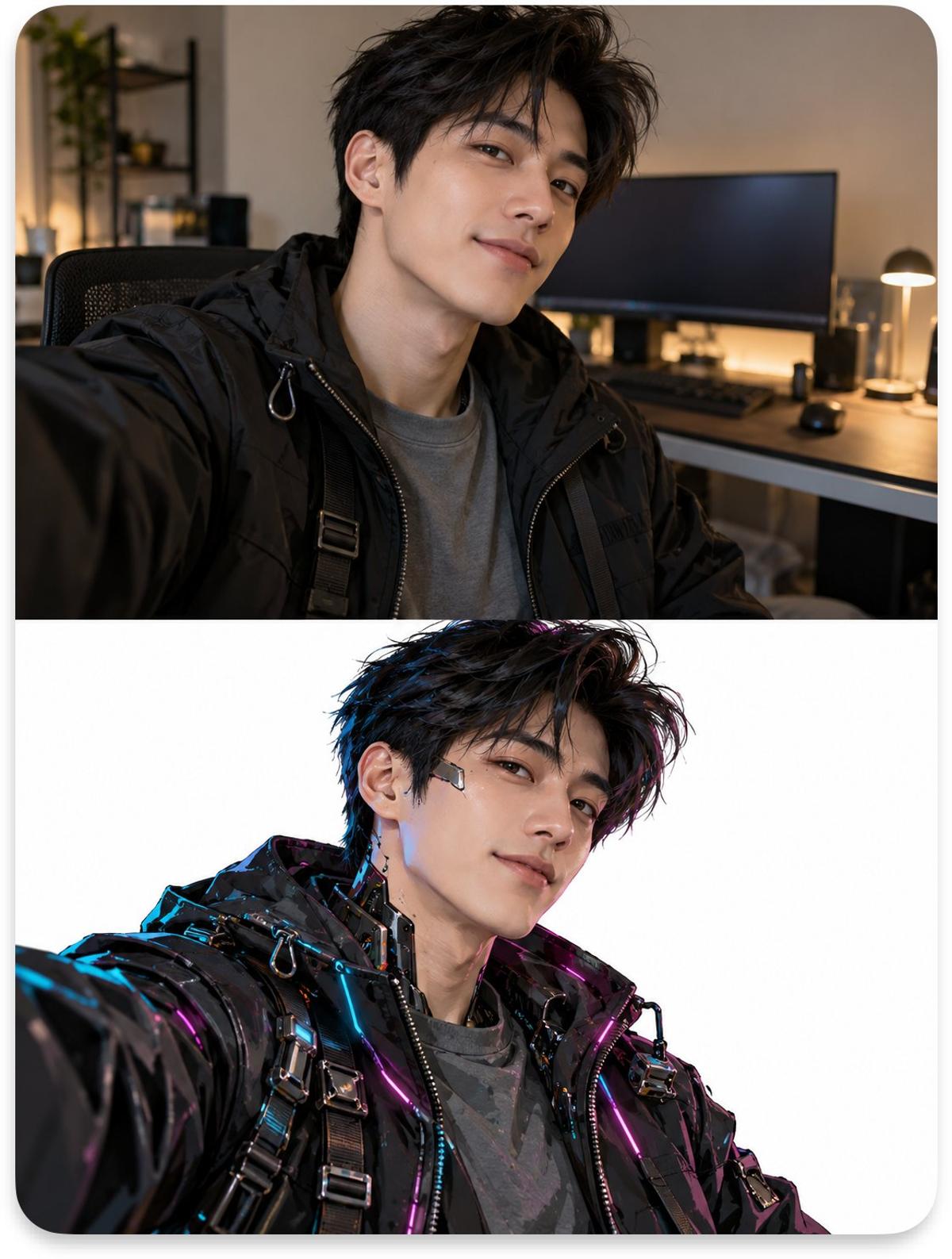 Cyberpunk photo-to-character diptych