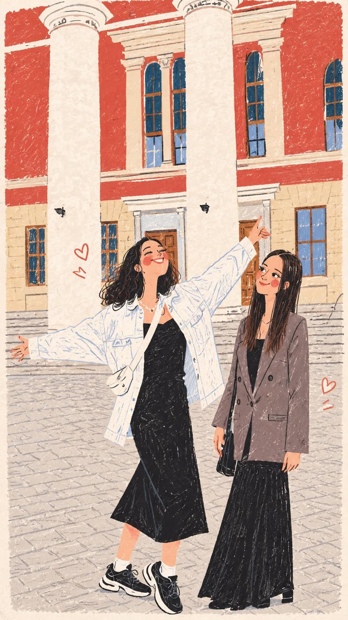 Vintage colored-pencil travel-journal illustration