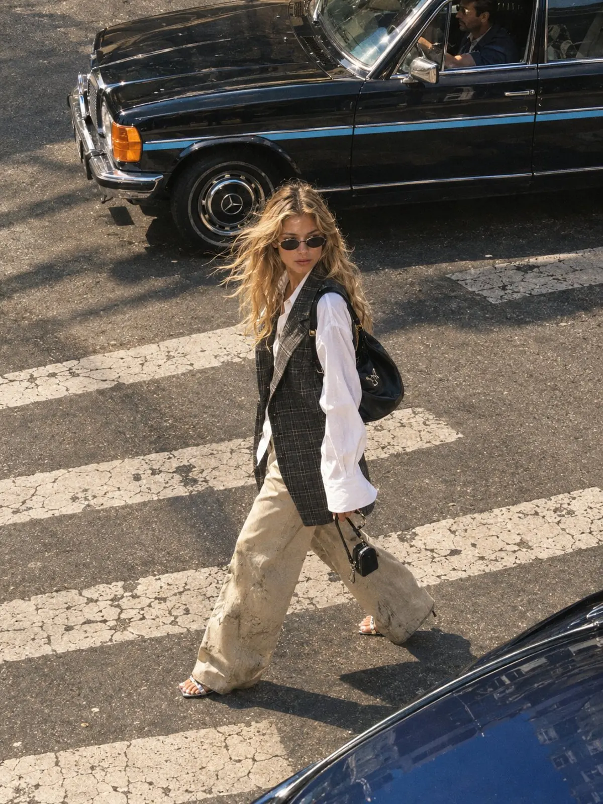 90s street fashion at a city crosswalk
