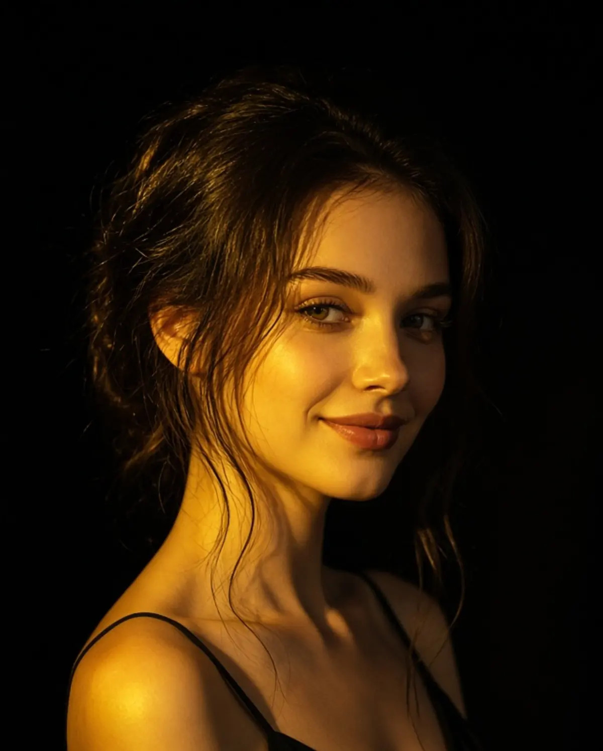 Golden rim-lit portrait against a black background