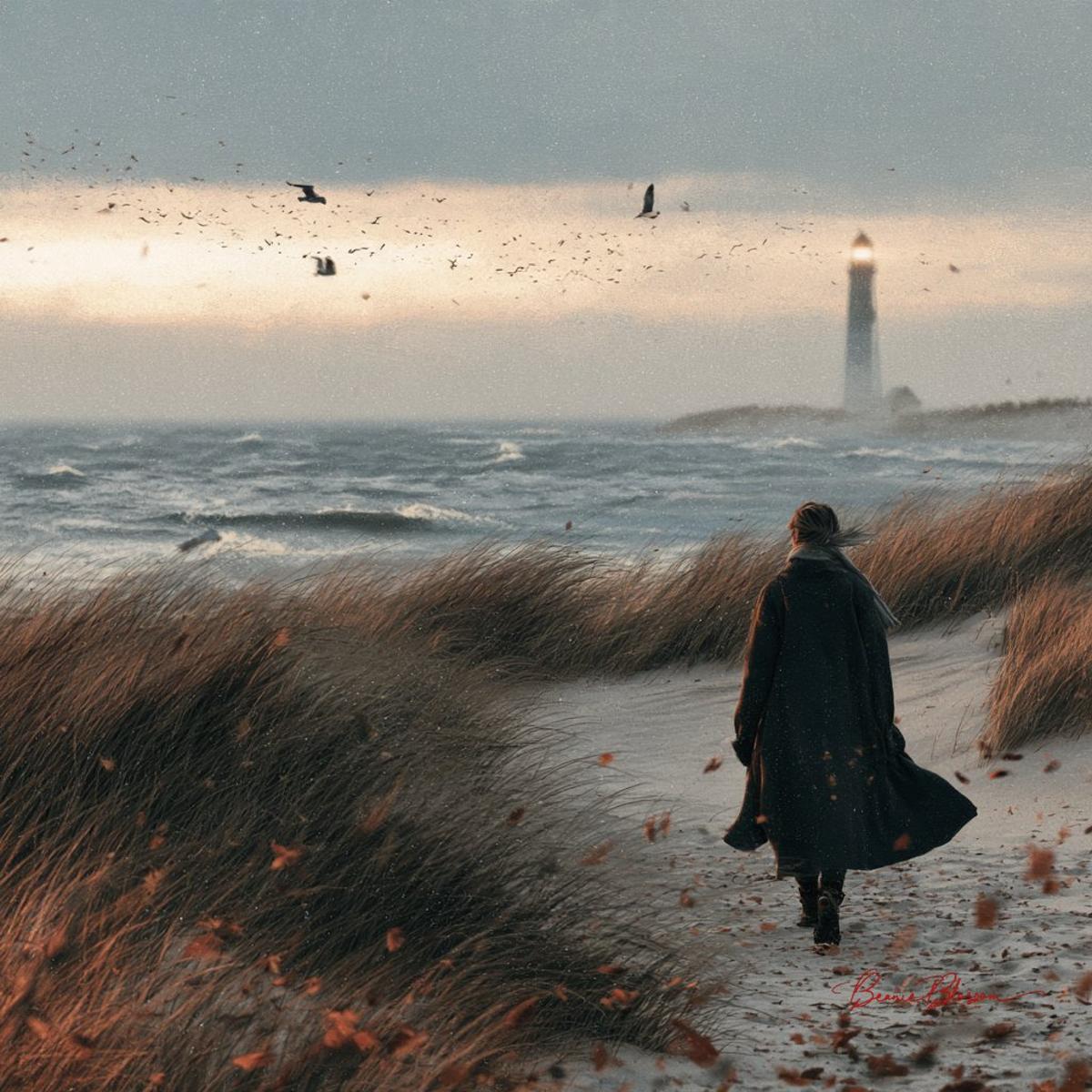 Autumn Beach Walk toward a Lighthouse