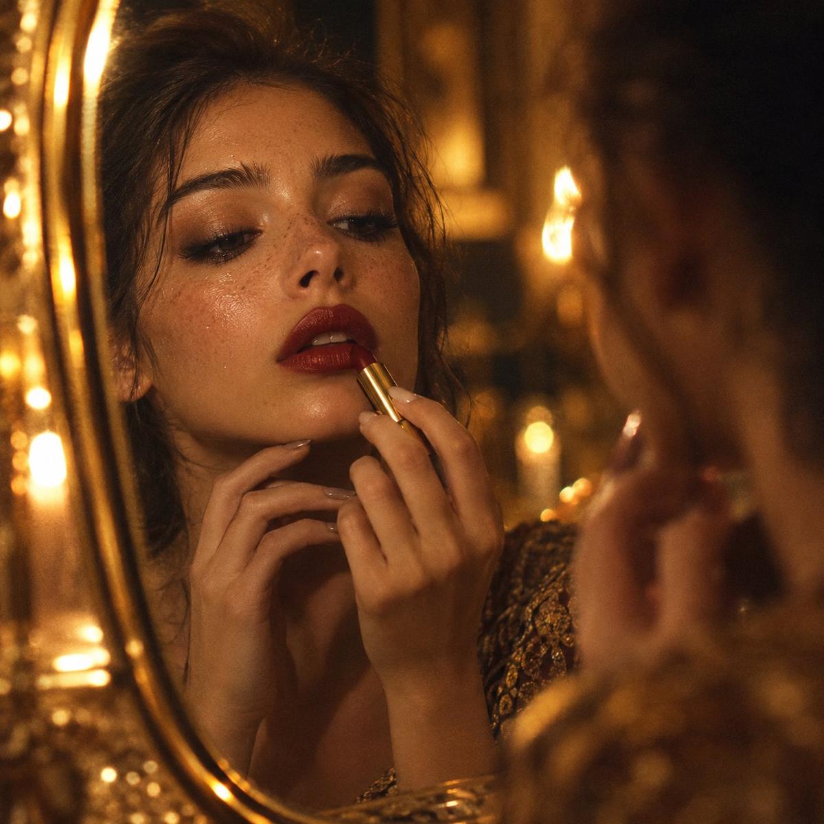 Vintage Gold Mirror and Oxblood Lipstick Beauty Portrait
