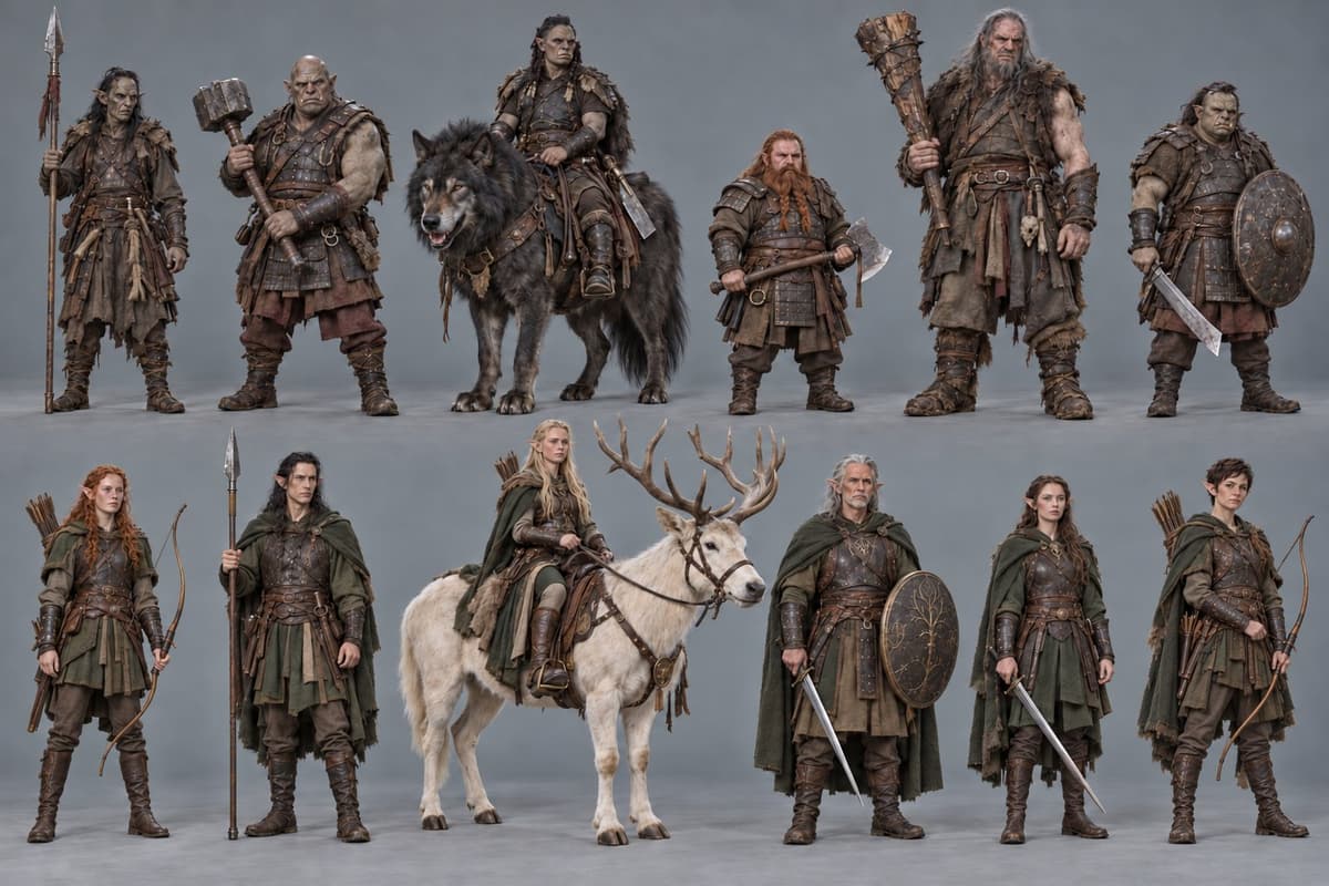 Opposing Armies Character Sheets: Orcs, Forest Elves, Song and Mongol Soldiers