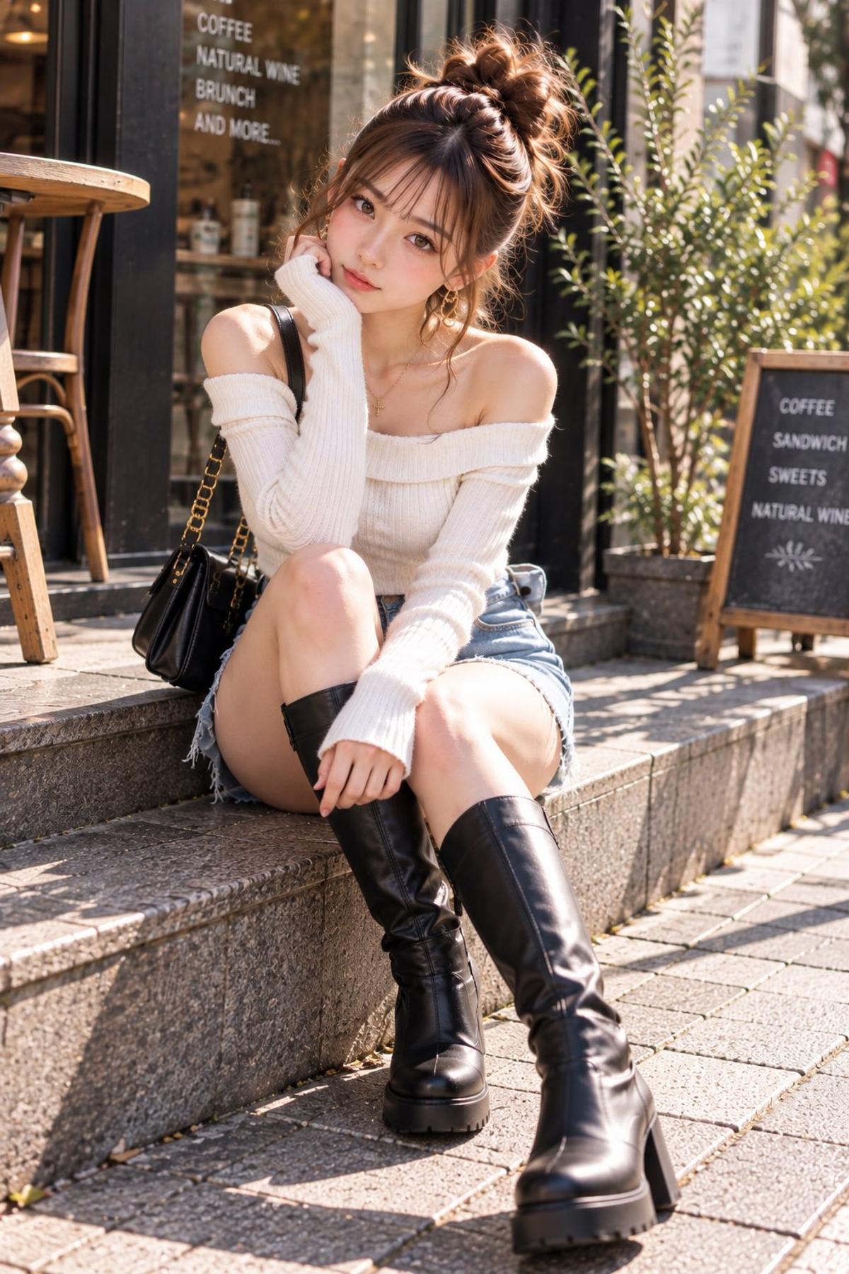 Off-Shoulder Knit and Denim Mini Skirt at a Japanese Cafe