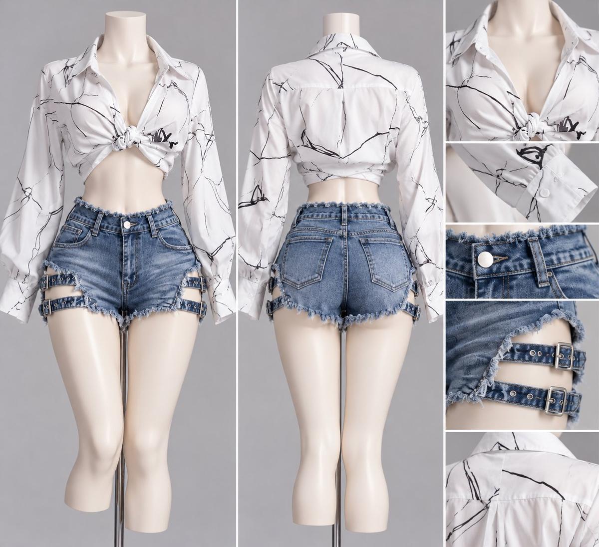 Knotted brushstroke shirt and side-belt denim micro shorts