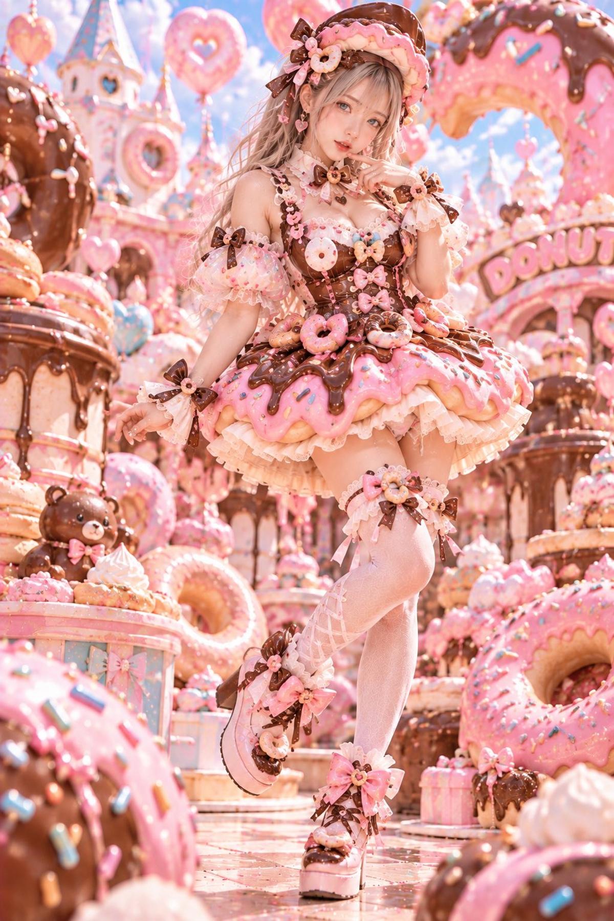 Pink and Chocolate Donut Princess in a Fantasy Candy Kingdom