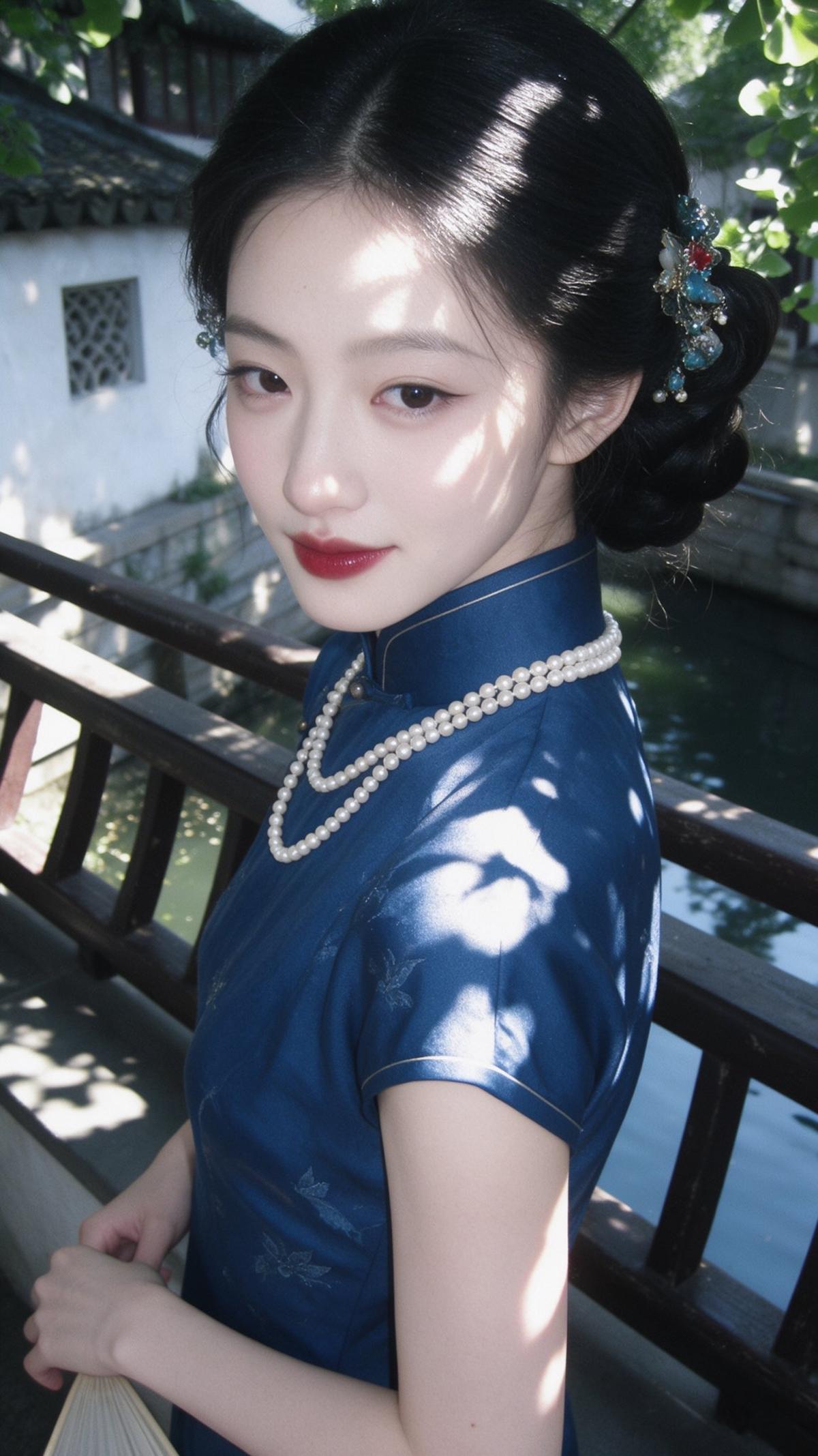 Vintage DV portrait in a sapphire cheongsam on a Suzhou bridge