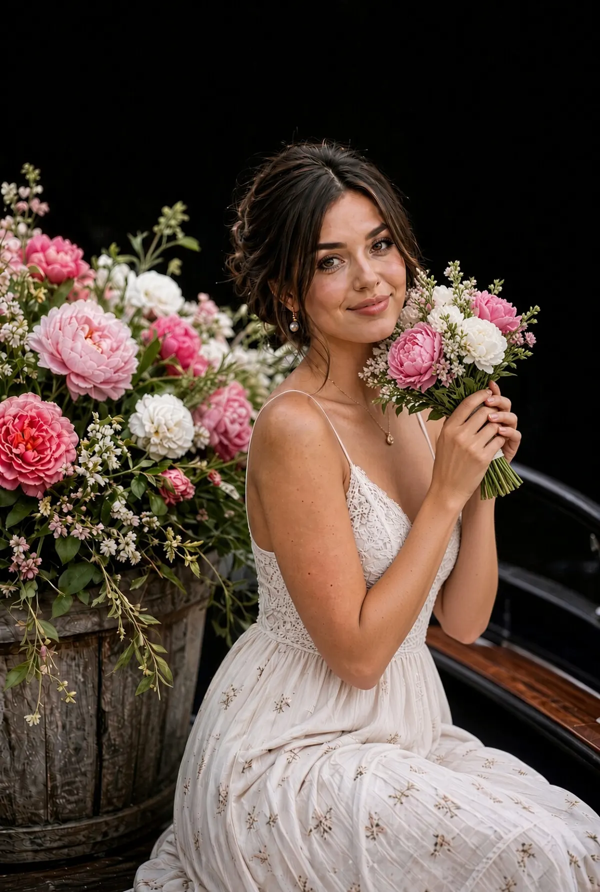 Ivory Dress Portrait with Pastel Peonies