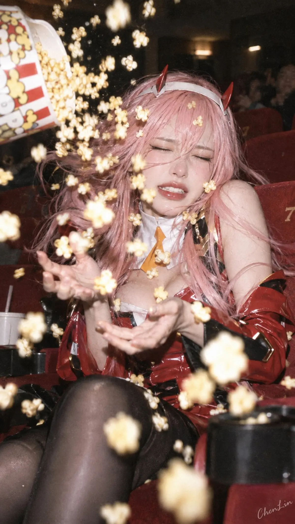 Candid Popcorn Burst in a Vintage Cinema