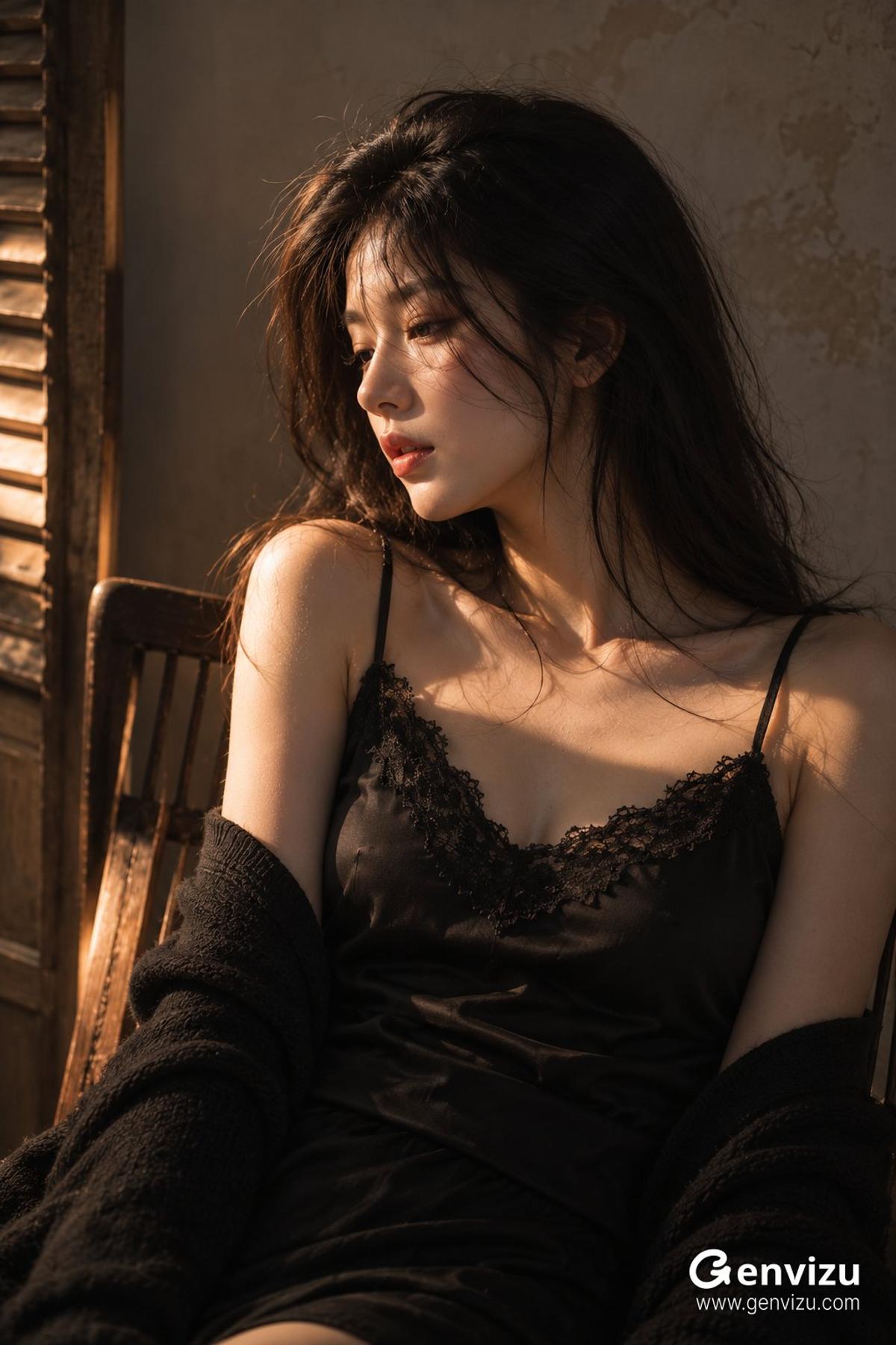Warm shutter light portrait in black satin and knitwear
