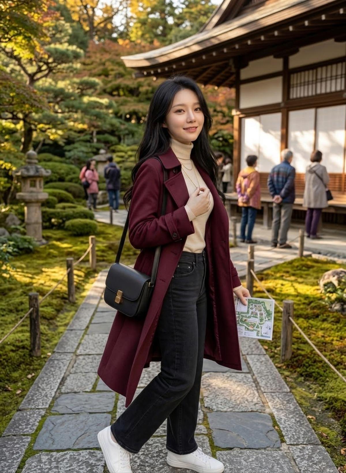Long-coat travels in a Japanese garden and European cafe