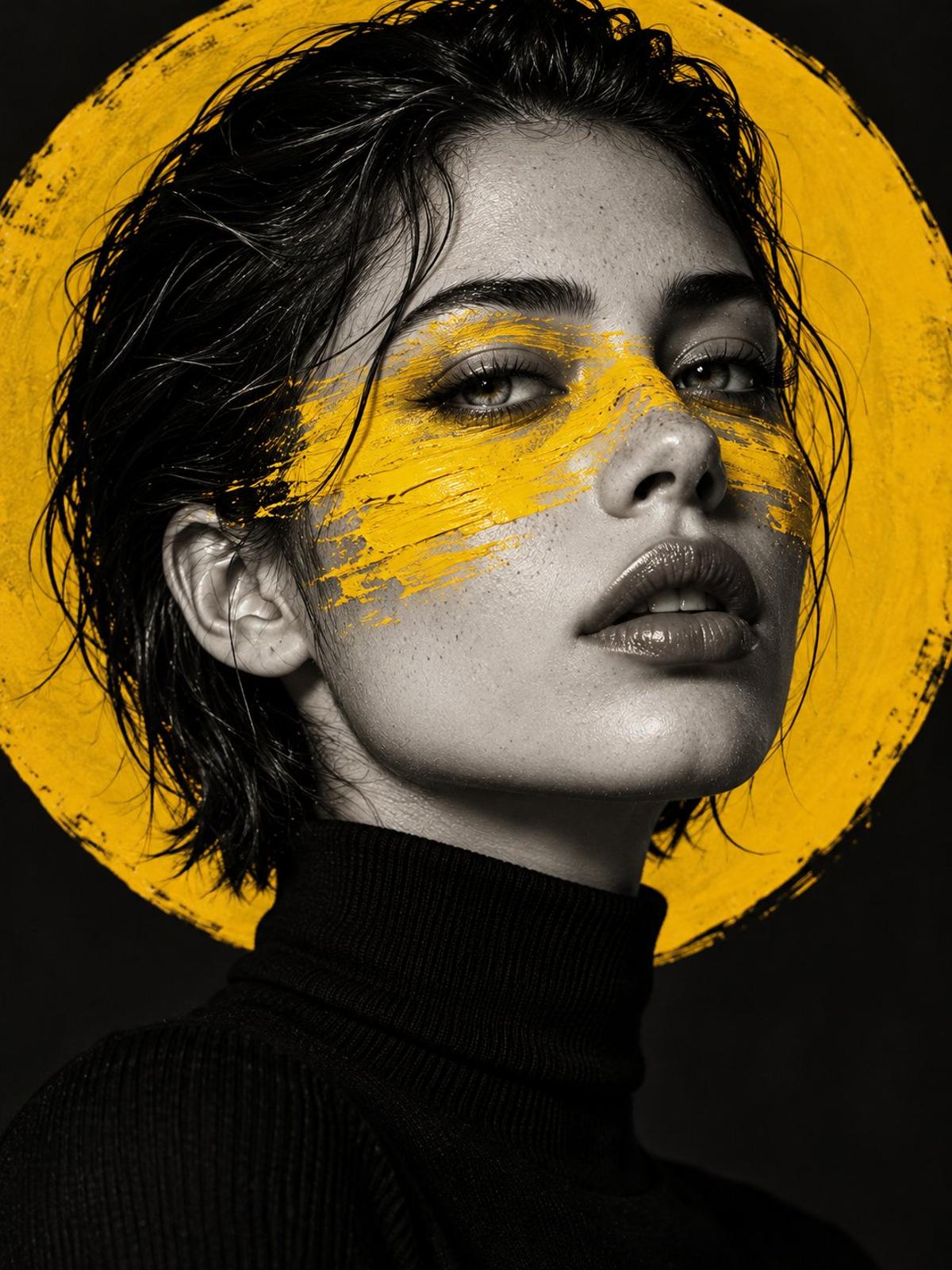 Monochrome fashion portrait with yellow impasto eye strokes
