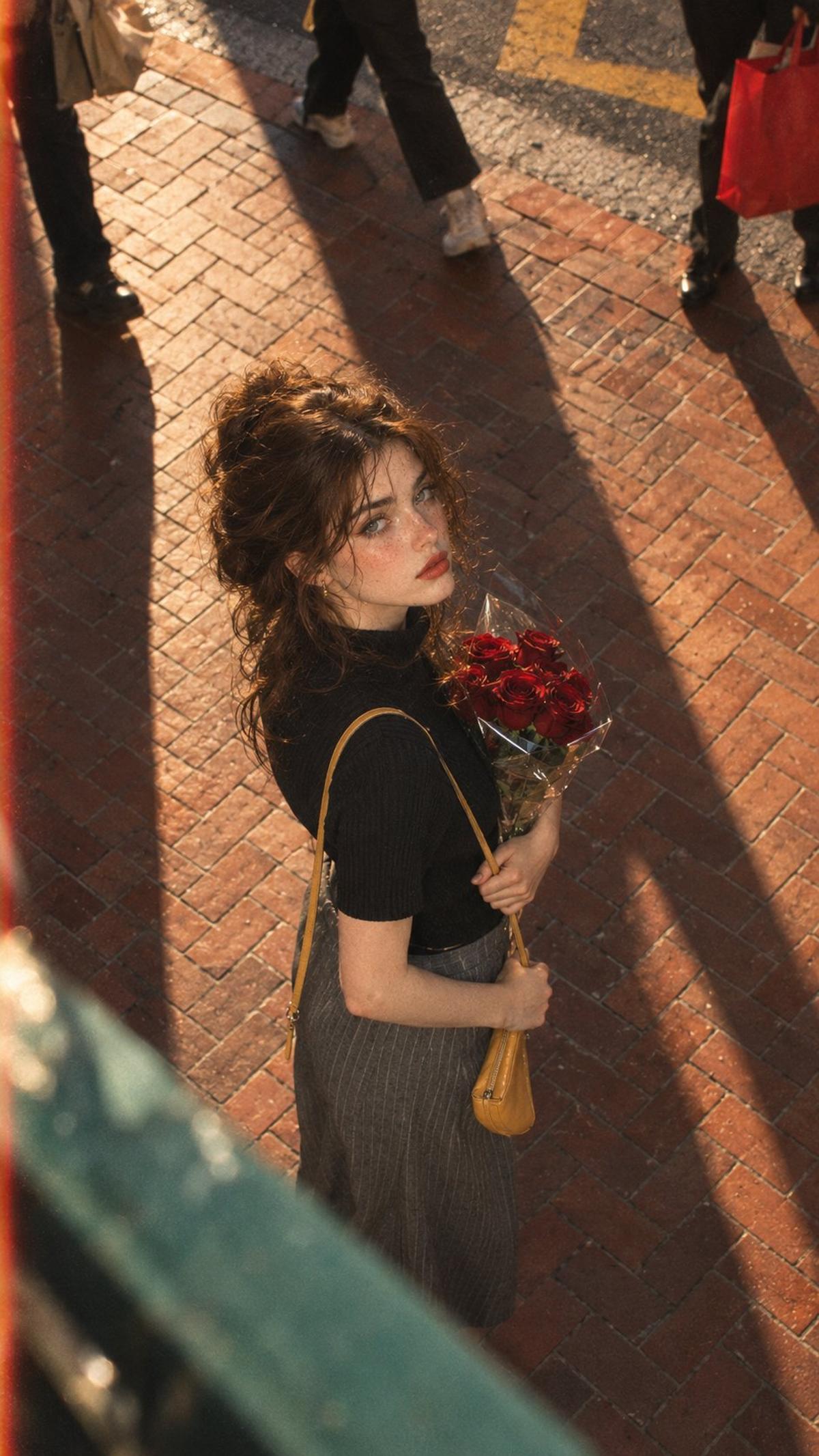 Golden-hour overhead street portrait with red roses