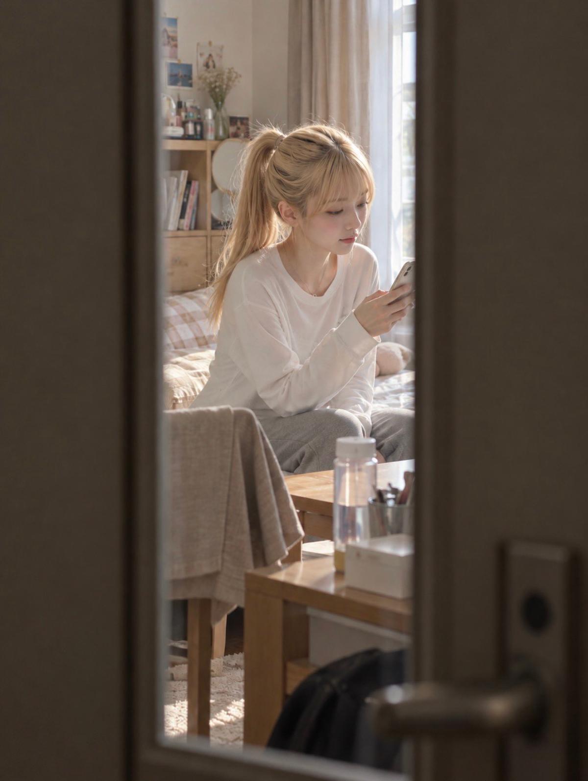 Phone Break on the Bed, Framed by the Doorway