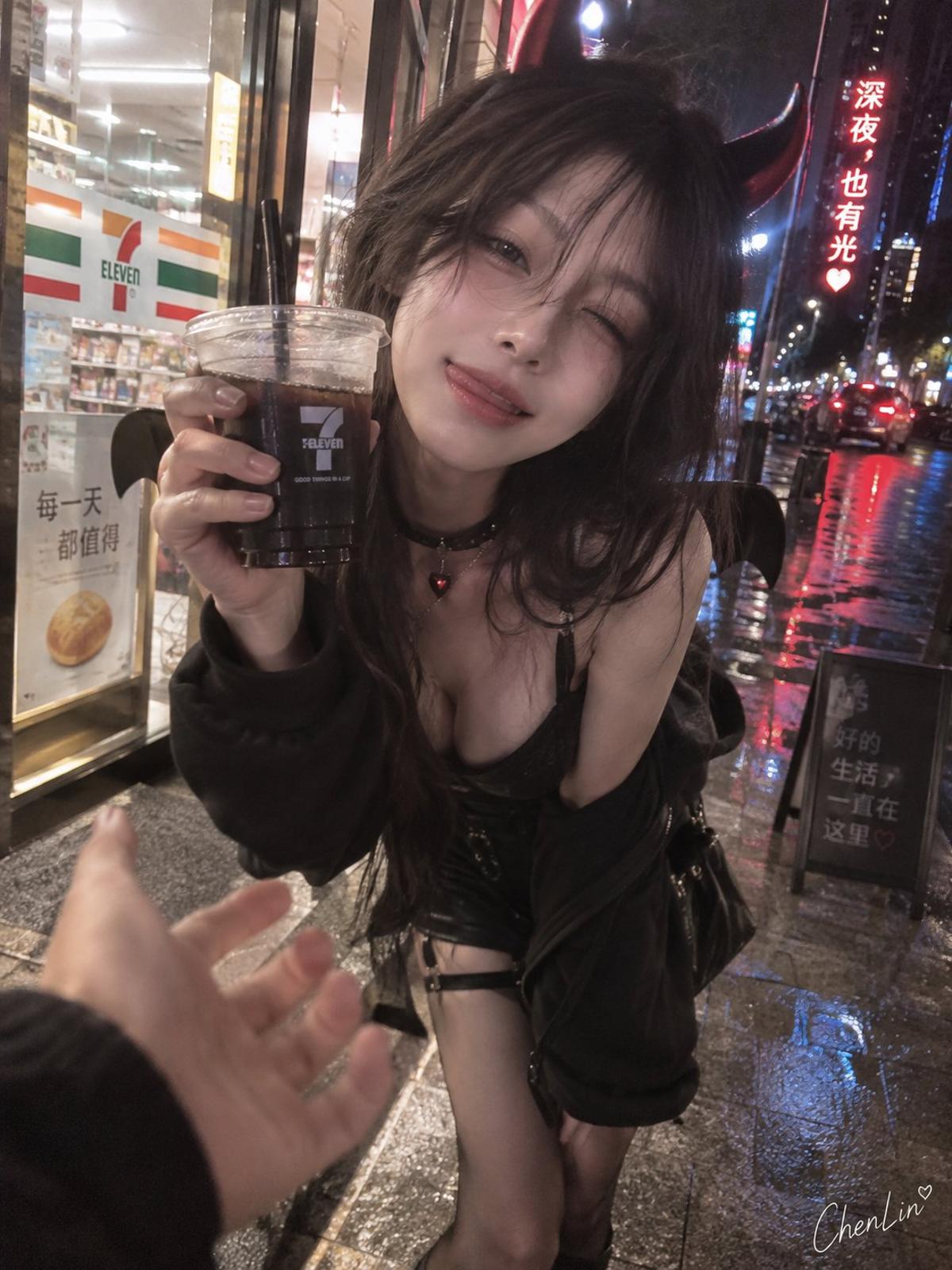 Mischievous Romantic Interest Outside a Convenience Store at Night