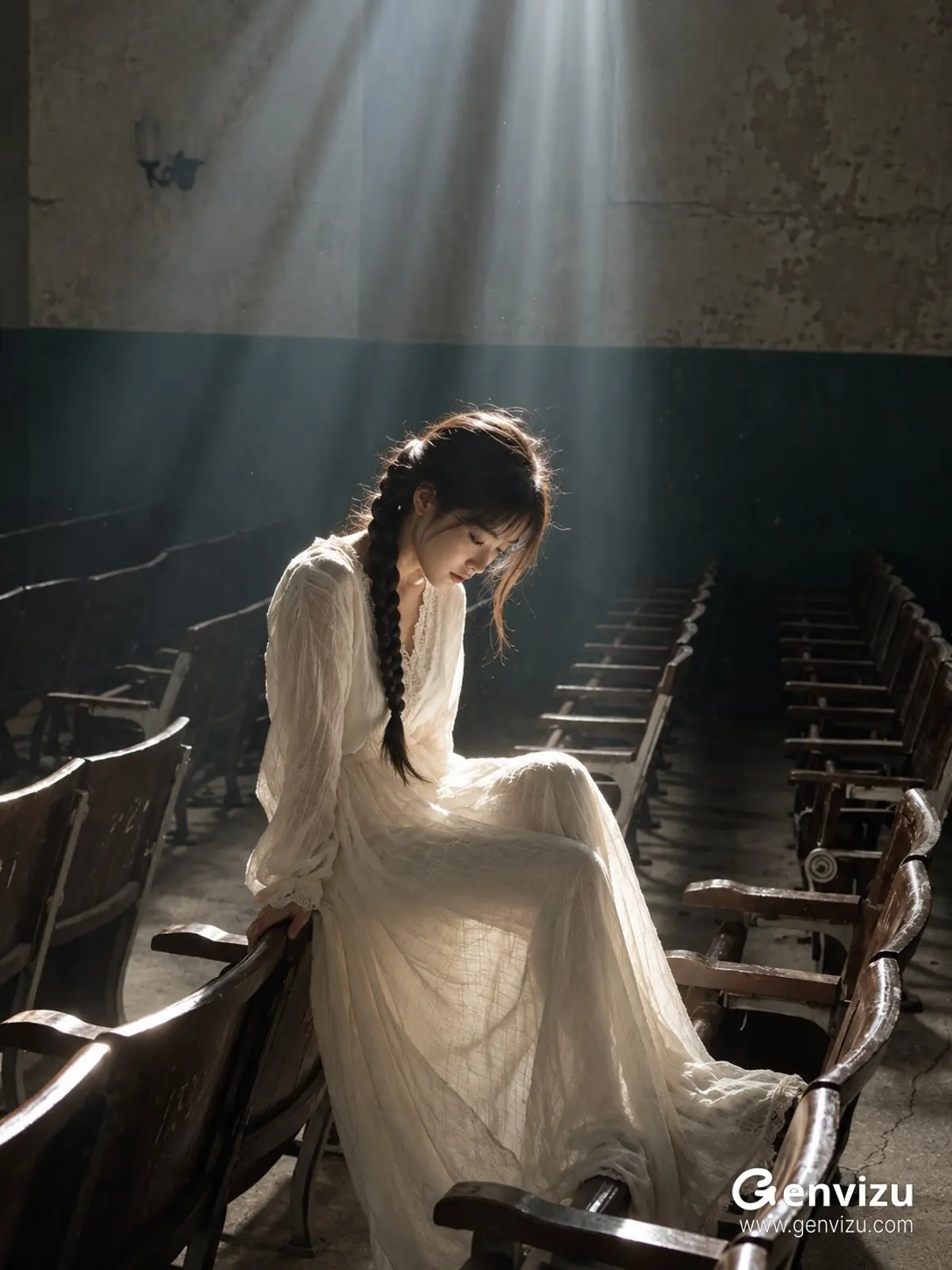 Ivory dress portrait in a sunlit empty auditorium