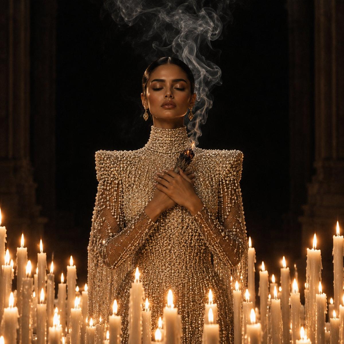 Candlelit pearl couture and ceremonial smoke